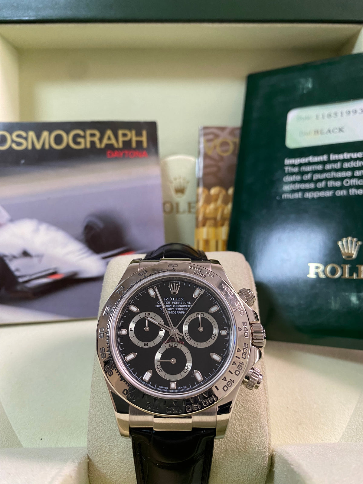 Rolex White Gold Cosmograph Daytona - 2005 - Black Dial - Black Leather Strap - 116519 *FULL SET*