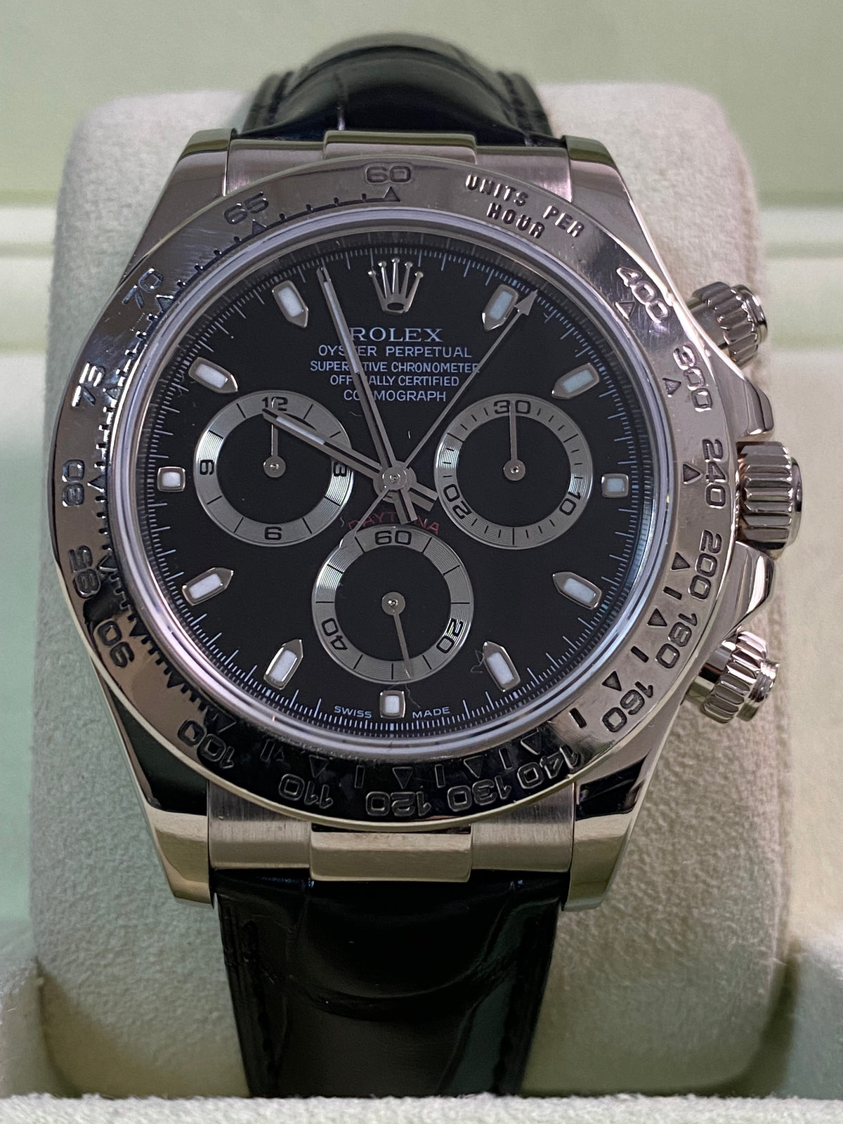 Rolex White Gold Cosmograph Daytona - 2005 - Black Dial - Black Leather Strap - 116519 *FULL SET*