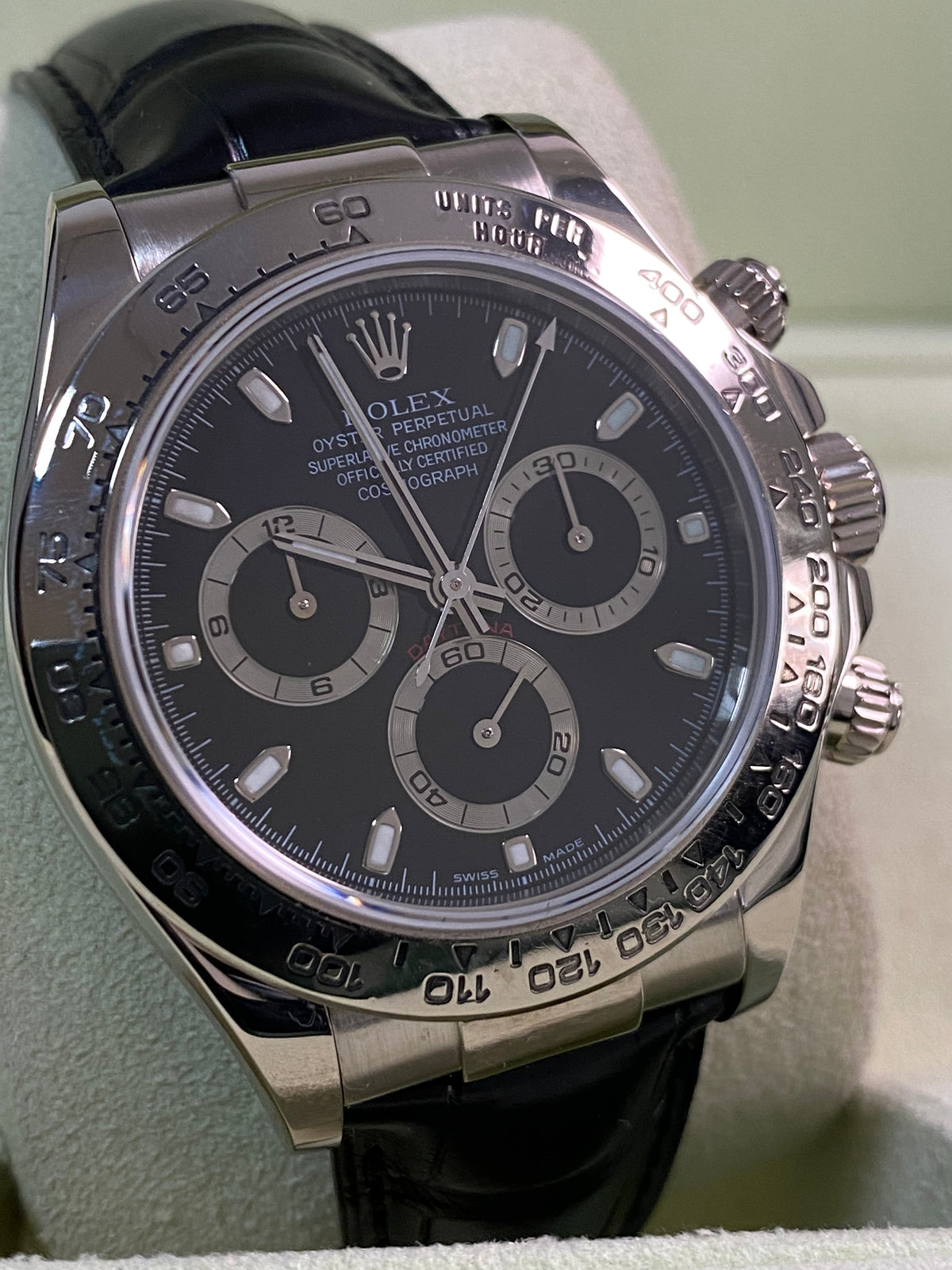 Rolex White Gold Cosmograph Daytona - 2005 - Black Dial - Black Leather Strap - 116519 *FULL SET*