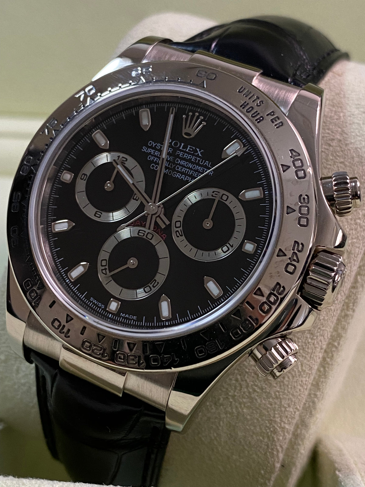 Rolex White Gold Cosmograph Daytona - 2005 - Black Dial - Black Leather Strap - 116519 *FULL SET*