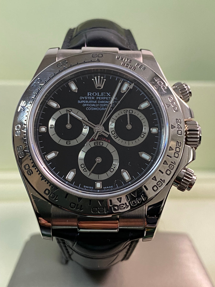 Rolex White Gold Cosmograph Daytona - 2005 - Black Dial - Black Leather Strap - 116519 *FULL SET*