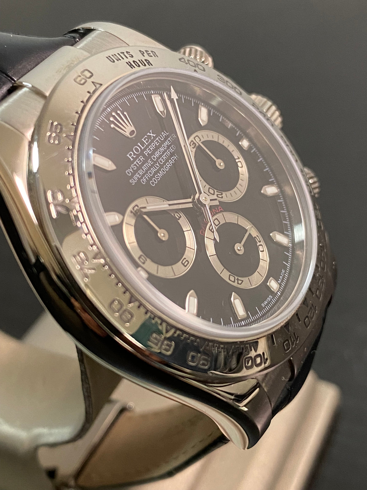 Rolex White Gold Cosmograph Daytona - 2005 - Black Dial - Black Leather Strap - 116519 *FULL SET*