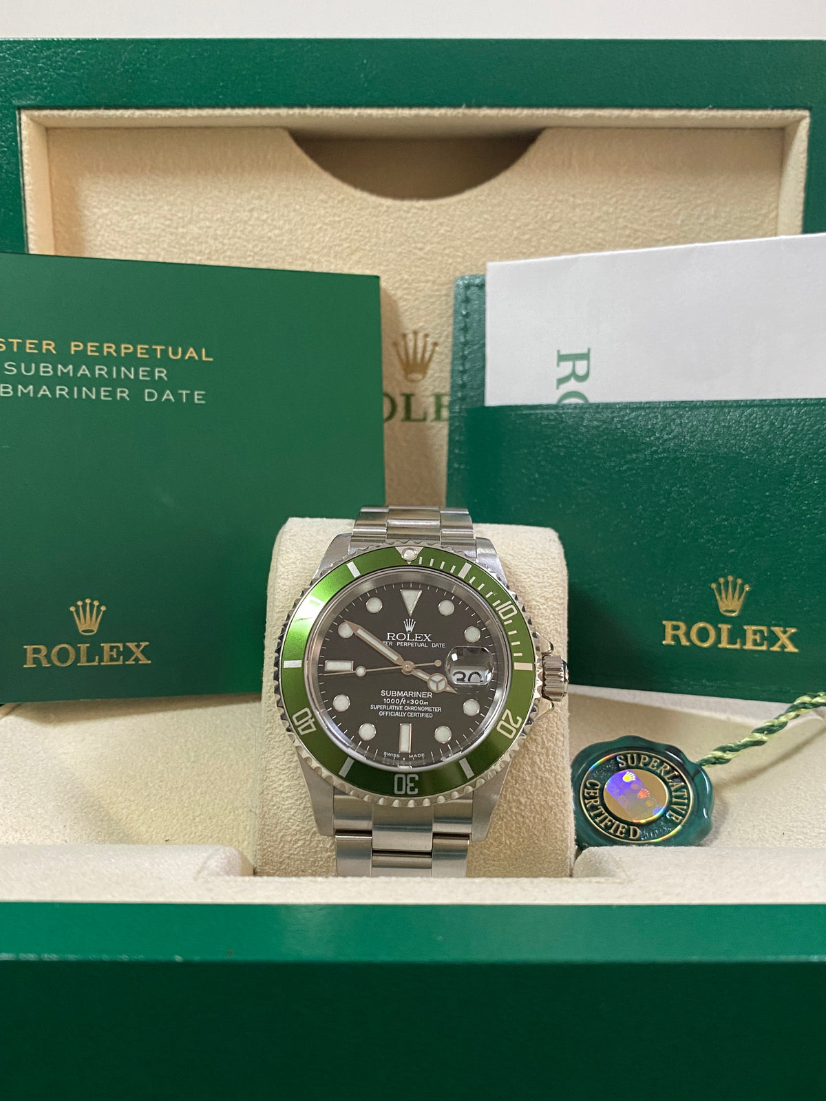 Rolex Steel Submariner Date - F serial - "Kermit" Flat 4 - Black Dial - 16610LV *UNPOLISHED*