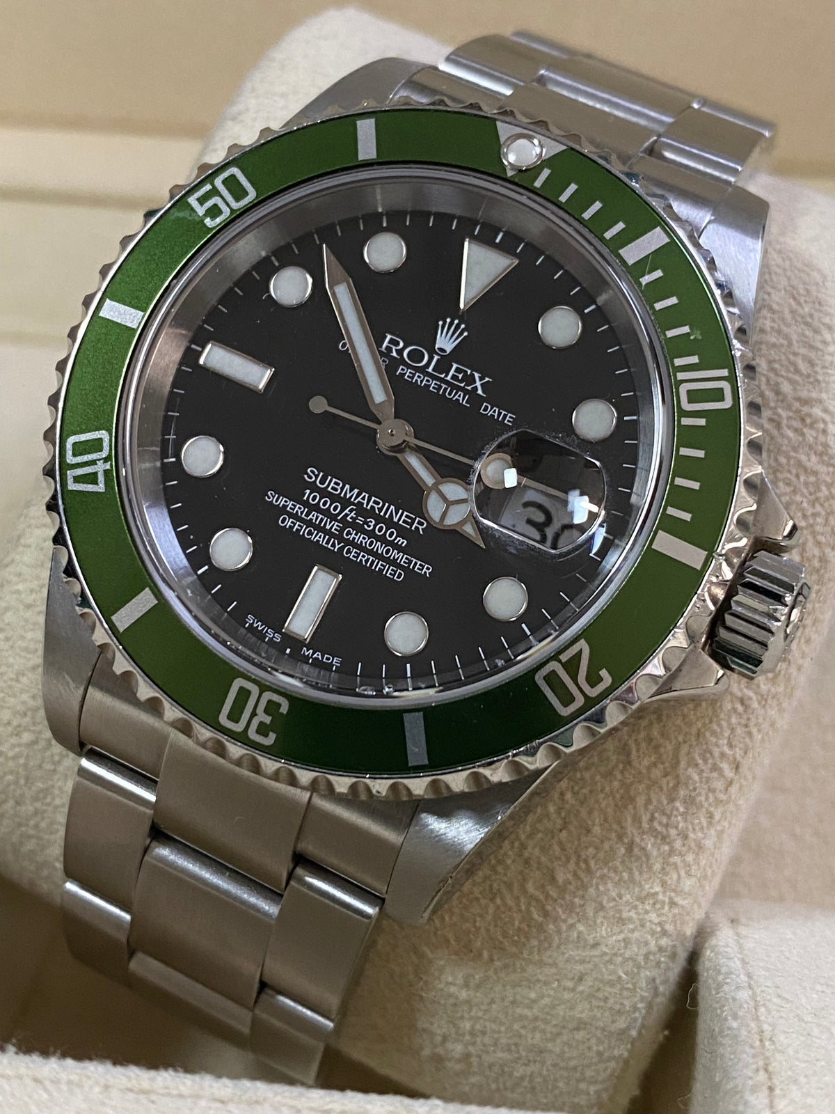 Rolex Steel Submariner Date - F serial - "Kermit" Flat 4 - Black Dial - 16610LV *UNPOLISHED*