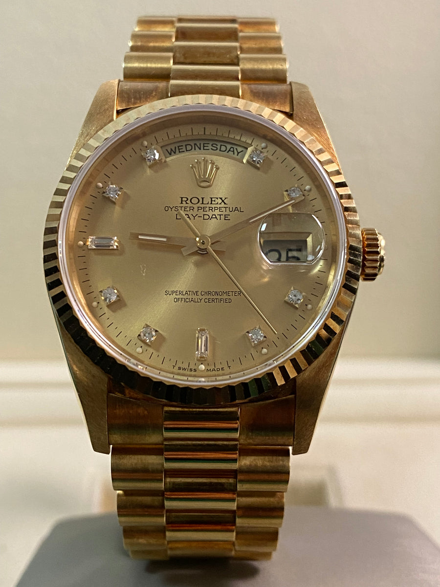 Rolex Yellow Gold Day-Date 36 - X serial - Fluted Bezel - Champagne Diamond Dial - President Bracelet - 18238 *UNPOLISHED*