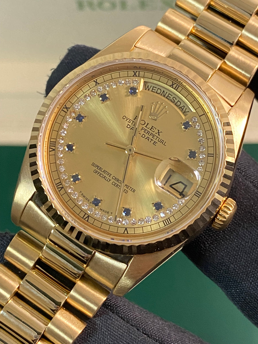 Rolex Yellow Gold Day-Date 36 - R serial - Fluted Bezel - Sapphire String Diamond Dial - President Bracelet - 18238LS