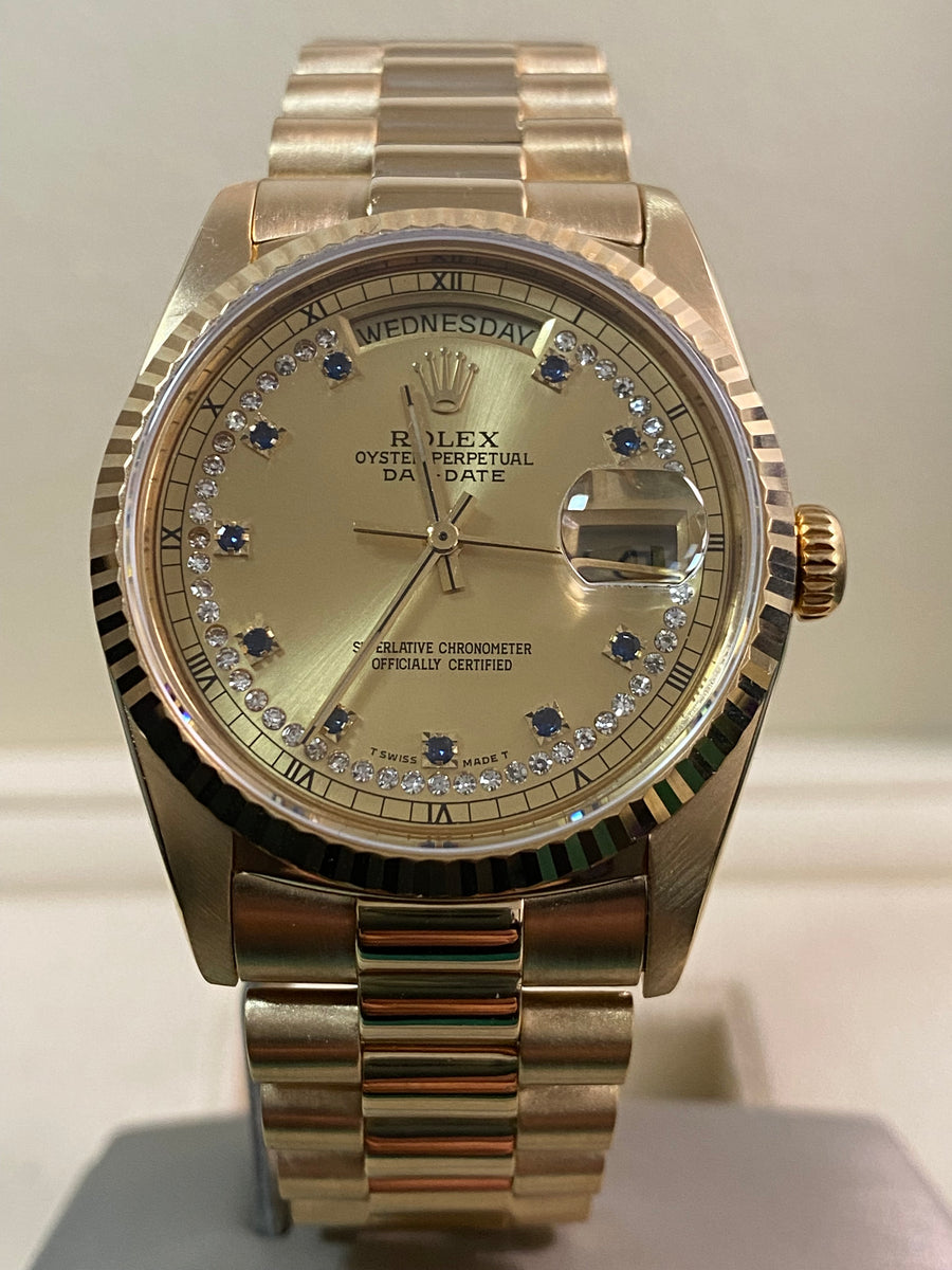 Rolex Yellow Gold Day-Date 36 - R serial - Fluted Bezel - Sapphire String Diamond Dial - President Bracelet - 18238LS