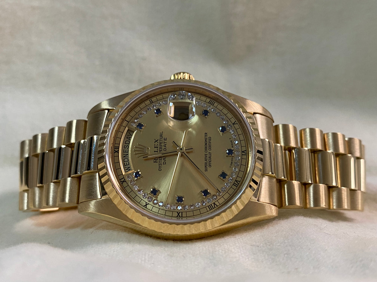 Rolex Yellow Gold Day-Date 36 - R serial - Fluted Bezel - Sapphire String Diamond Dial - President Bracelet - 18238LS