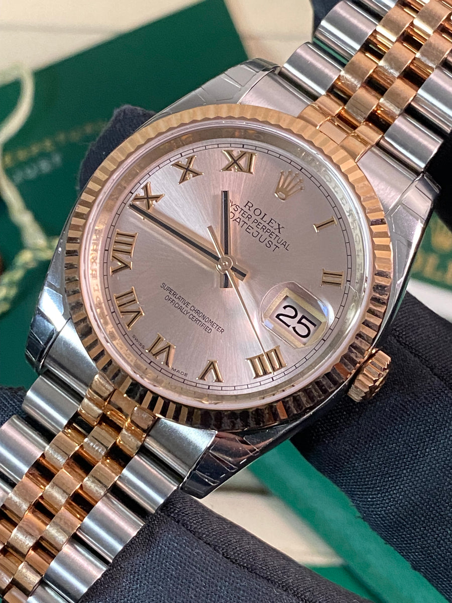 Rolex Steel and Everose Gold Datejust 36 - Fluted Bezel - Pink Roman Dial - Jubilee Bracelet - 116231 *MOST STICKERS*