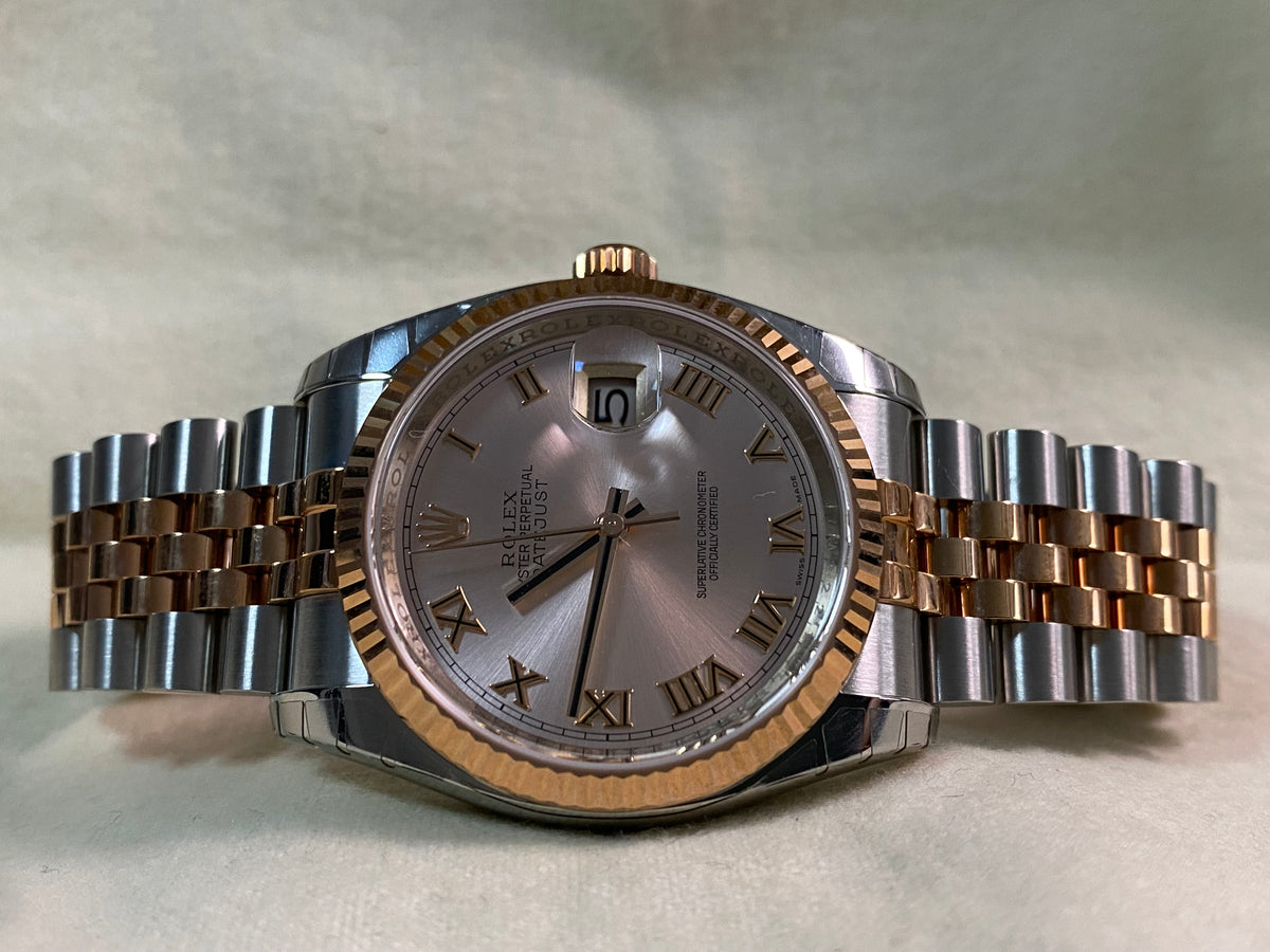 Rolex Steel and Everose Gold Datejust 36 - Fluted Bezel - Pink Roman Dial - Jubilee Bracelet - 116231 *MOST STICKERS*