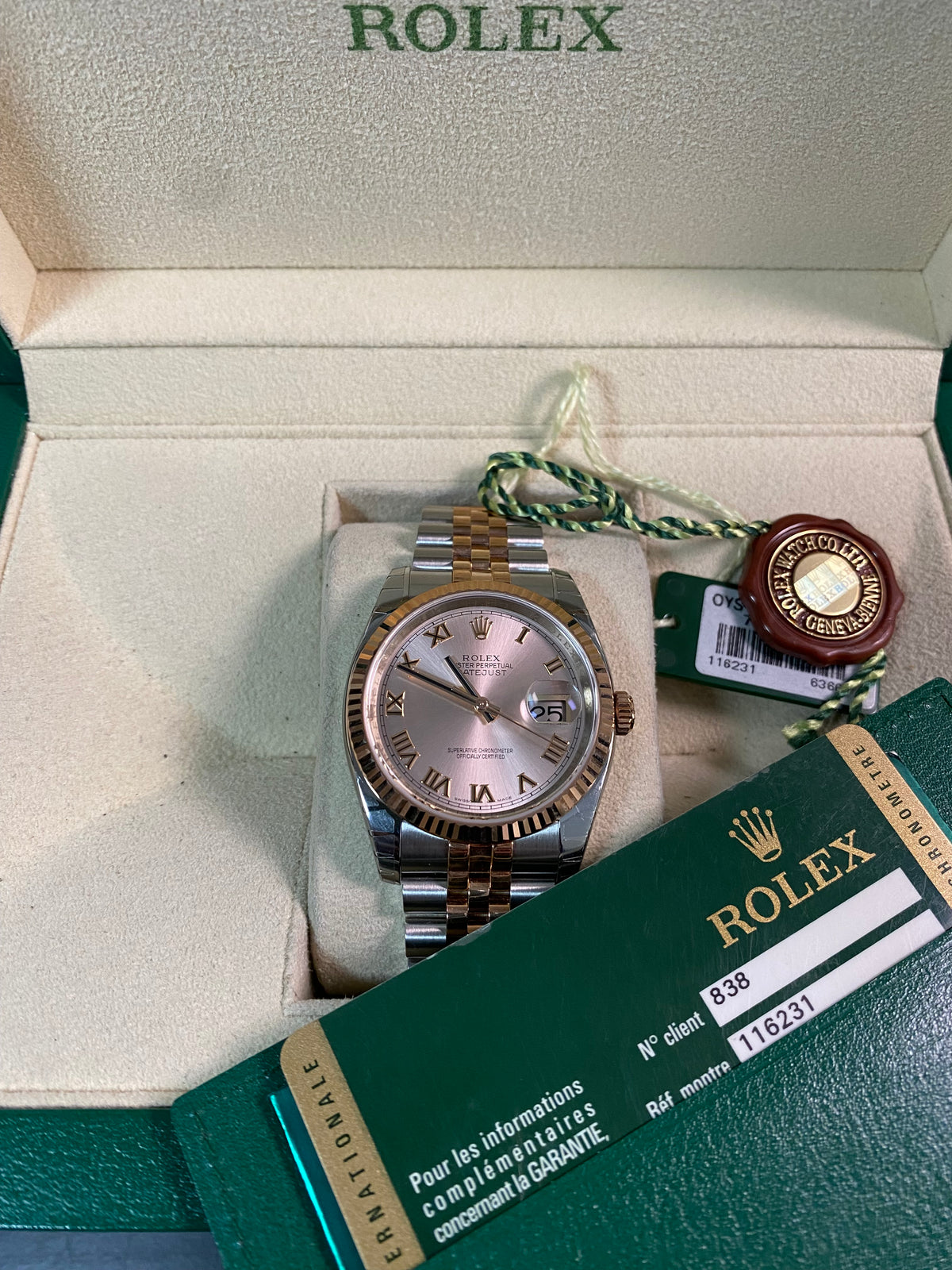 Rolex Steel and Everose Gold Datejust 36 - Fluted Bezel - Pink Roman Dial - Jubilee Bracelet - 116231 *MOST STICKERS*