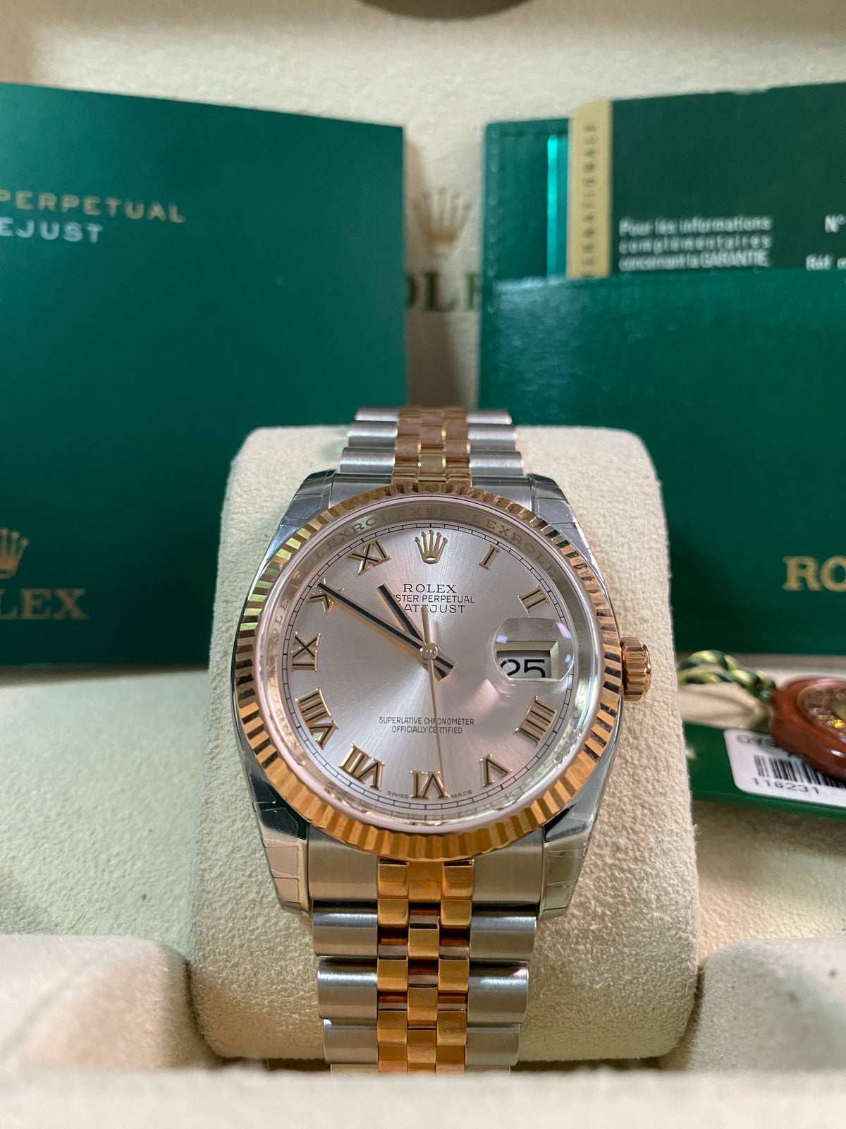 Rolex Steel and Everose Gold Datejust 36 - Fluted Bezel - Pink Roman Dial - Jubilee Bracelet - 116231 *MOST STICKERS*