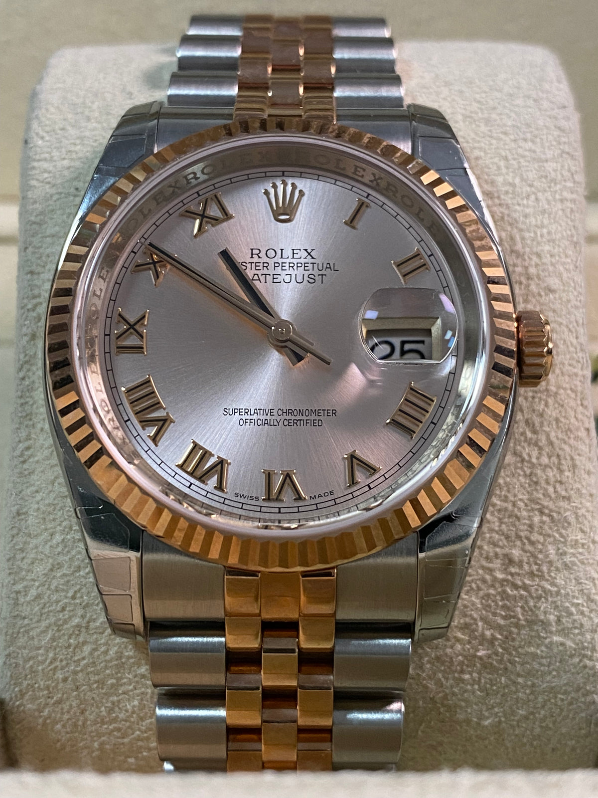 Rolex Steel and Everose Gold Datejust 36 - Fluted Bezel - Pink Roman Dial - Jubilee Bracelet - 116231 *MOST STICKERS*