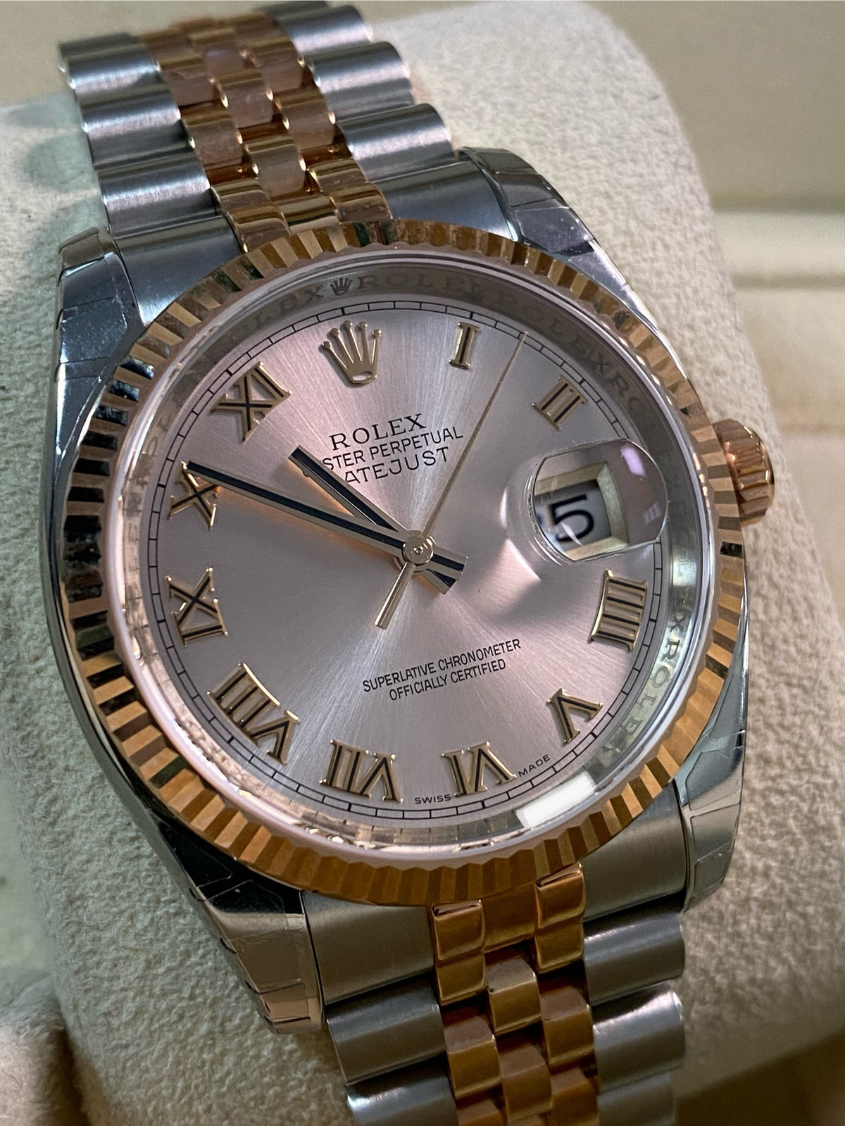 Rolex Steel and Everose Gold Datejust 36 - Fluted Bezel - Pink Roman Dial - Jubilee Bracelet - 116231 *MOST STICKERS*