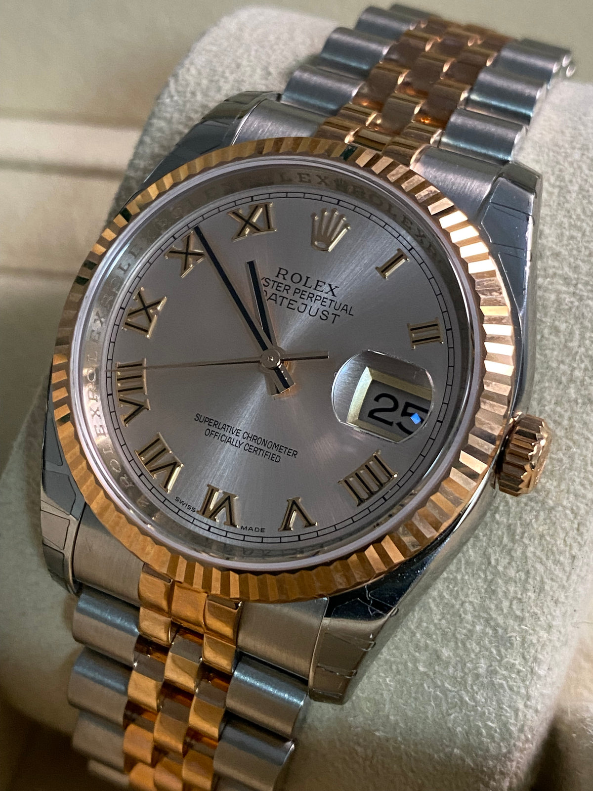 Rolex Steel and Everose Gold Datejust 36 - Fluted Bezel - Pink Roman Dial - Jubilee Bracelet - 116231 *MOST STICKERS*