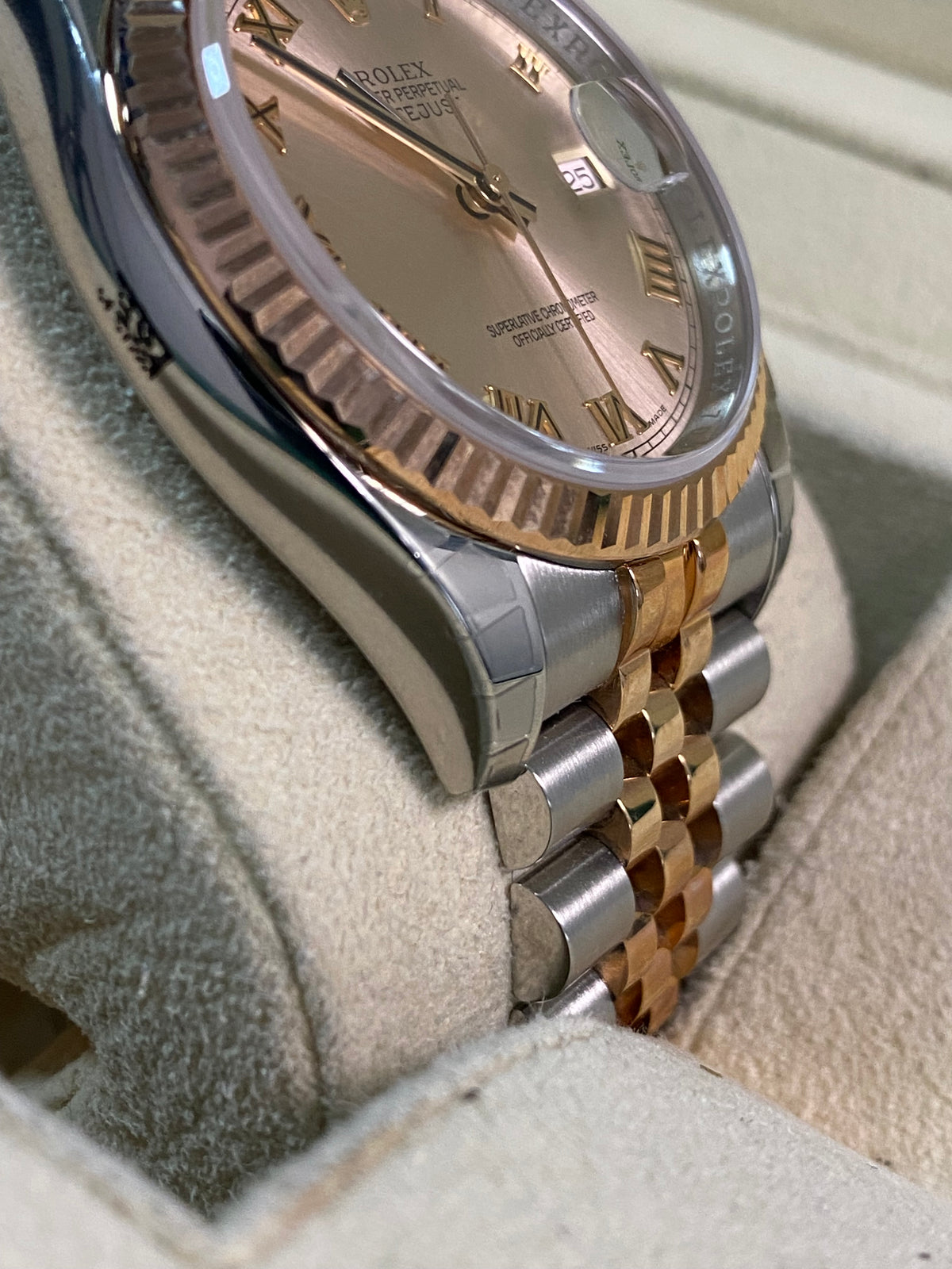 Rolex Steel and Everose Gold Datejust 36 - Fluted Bezel - Pink Roman Dial - Jubilee Bracelet - 116231 *MOST STICKERS*