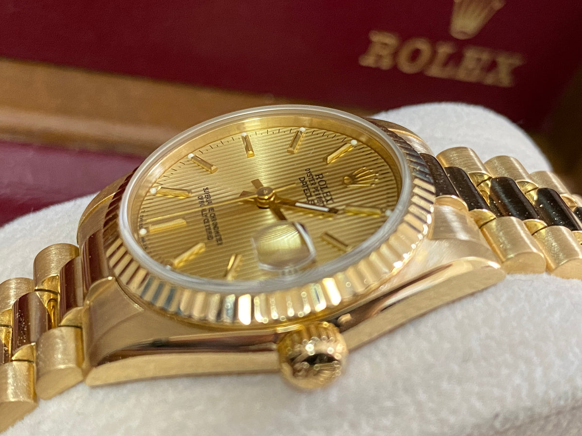 Rolex Yellow Gold Datejust 31 - L serial - Fluted Bezel - Tapestry Dial - President Bracelet - 68278