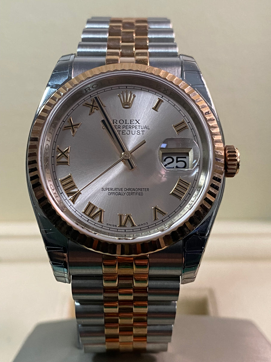 Rolex Steel and Everose Gold Datejust 36 - Fluted Bezel - Pink Roman Dial - Jubilee Bracelet - 116231 *MOST STICKERS*