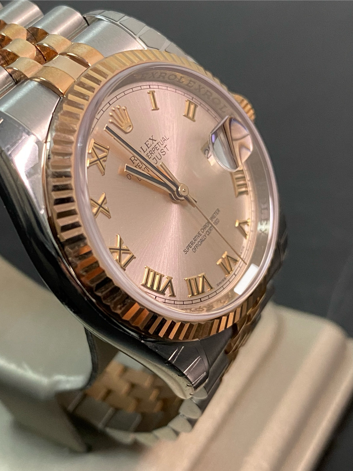 Rolex Steel and Everose Gold Datejust 36 - Fluted Bezel - Pink Roman Dial - Jubilee Bracelet - 116231 *MOST STICKERS*