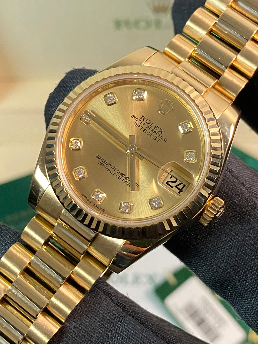 Rolex Yellow Gold Datejust 31 - 2019 - Fluted Bezel - Champagne Diamond Dial - President Bracelet - 178278 *FULL SET*