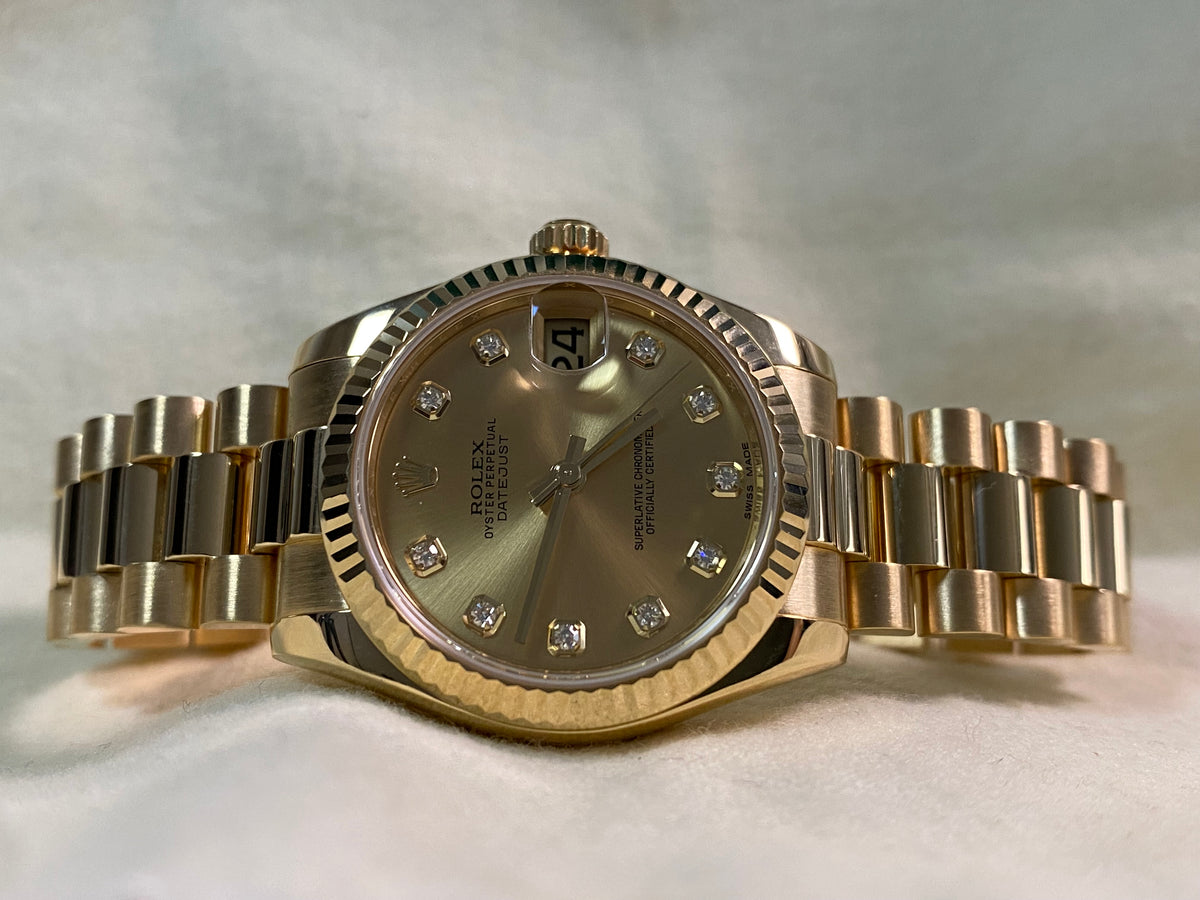 Rolex Yellow Gold Datejust 31 - 2019 - Fluted Bezel - Champagne Diamond Dial - President Bracelet - 178278 *FULL SET*