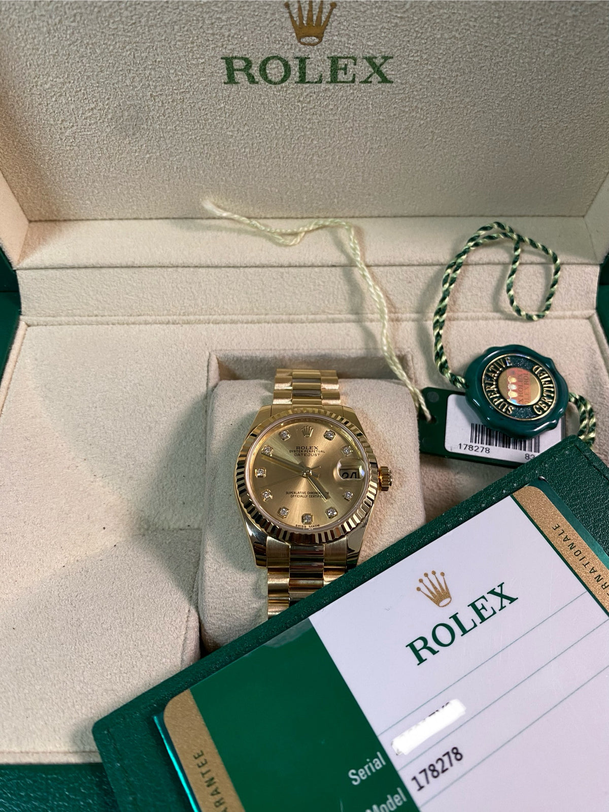 Rolex Yellow Gold Datejust 31 - 2019 - Fluted Bezel - Champagne Diamond Dial - President Bracelet - 178278 *FULL SET*