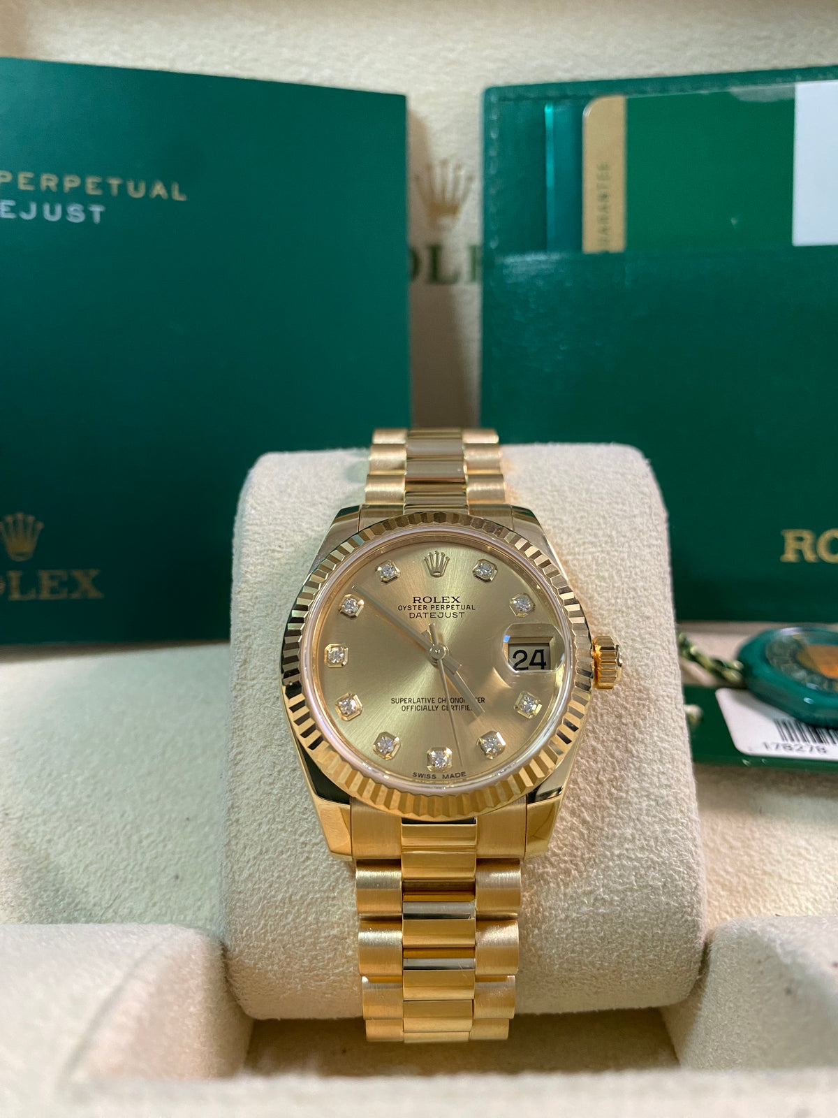 Rolex Yellow Gold Datejust 31 - 2019 - Fluted Bezel - Champagne Diamond Dial - President Bracelet - 178278 *FULL SET*