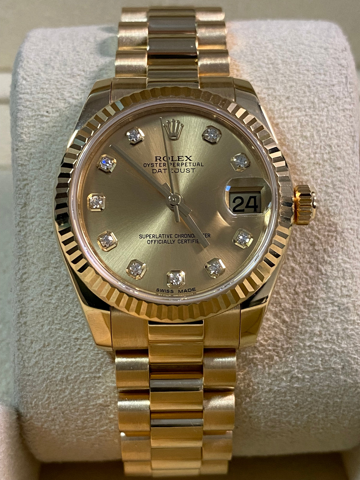 Rolex Yellow Gold Datejust 31 - 2019 - Fluted Bezel - Champagne Diamond Dial - President Bracelet - 178278 *FULL SET*