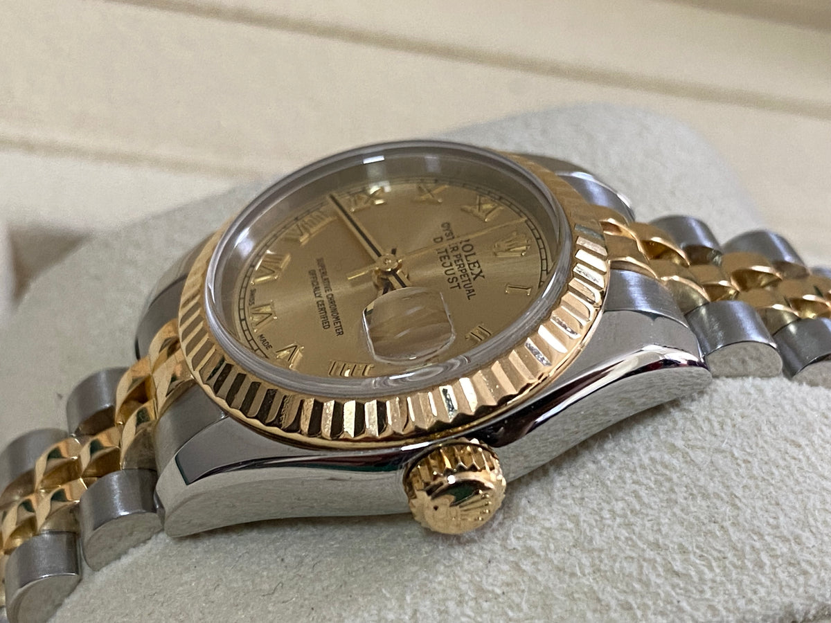 Rolex Yellow Gold and Steel Lady-Datejust - D serial - Fluted Bezel - Champagne Roman Dial - Jubilee Bracelet - 179173