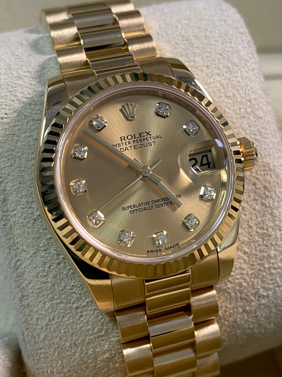 Rolex Yellow Gold Datejust 31 - 2019 - Fluted Bezel - Champagne Diamond Dial - President Bracelet - 178278 *FULL SET*