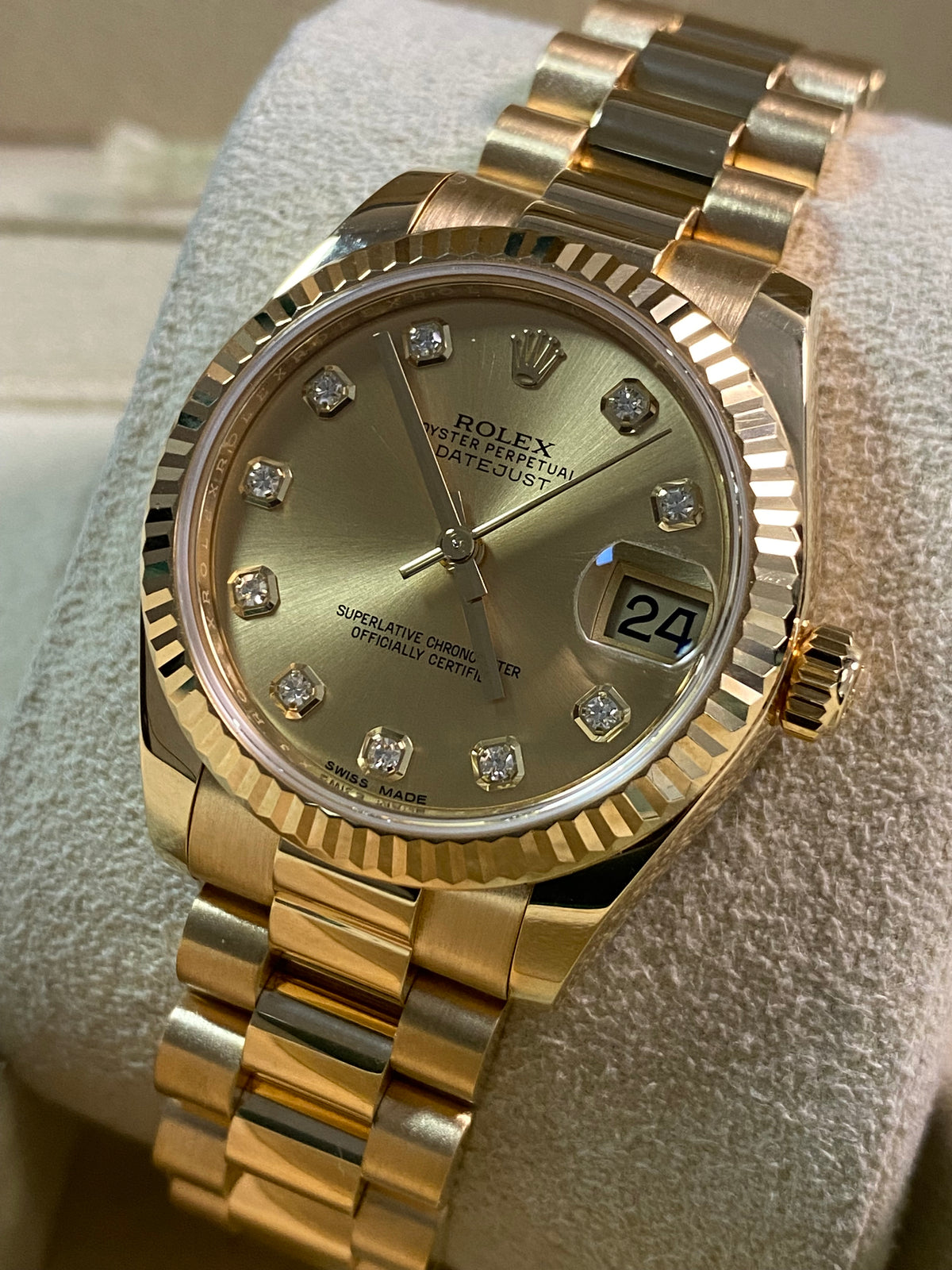 Rolex Yellow Gold Datejust 31 - 2019 - Fluted Bezel - Champagne Diamond Dial - President Bracelet - 178278 *FULL SET*