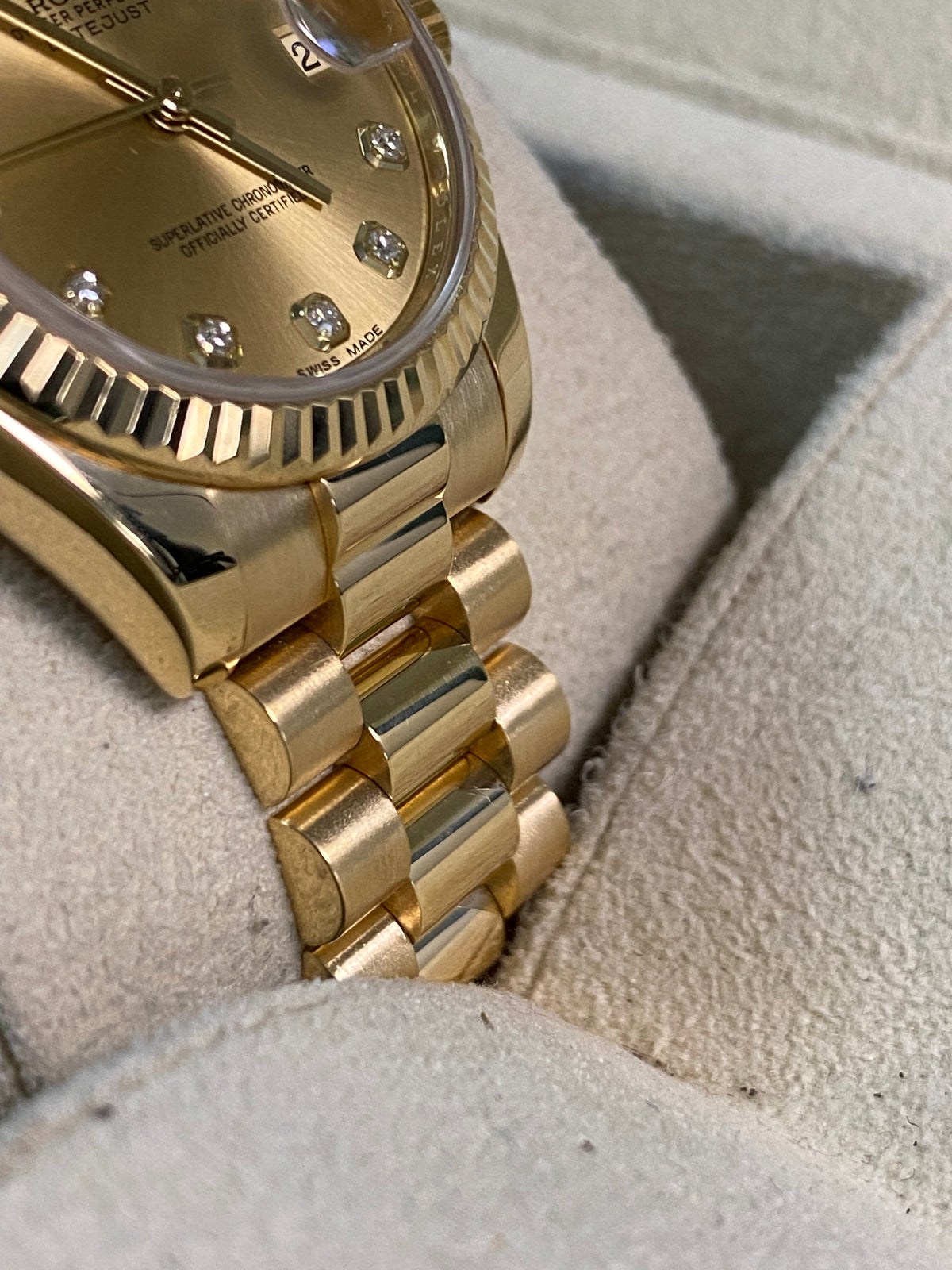 Rolex Yellow Gold Datejust 31 - 2019 - Fluted Bezel - Champagne Diamond Dial - President Bracelet - 178278 *FULL SET*