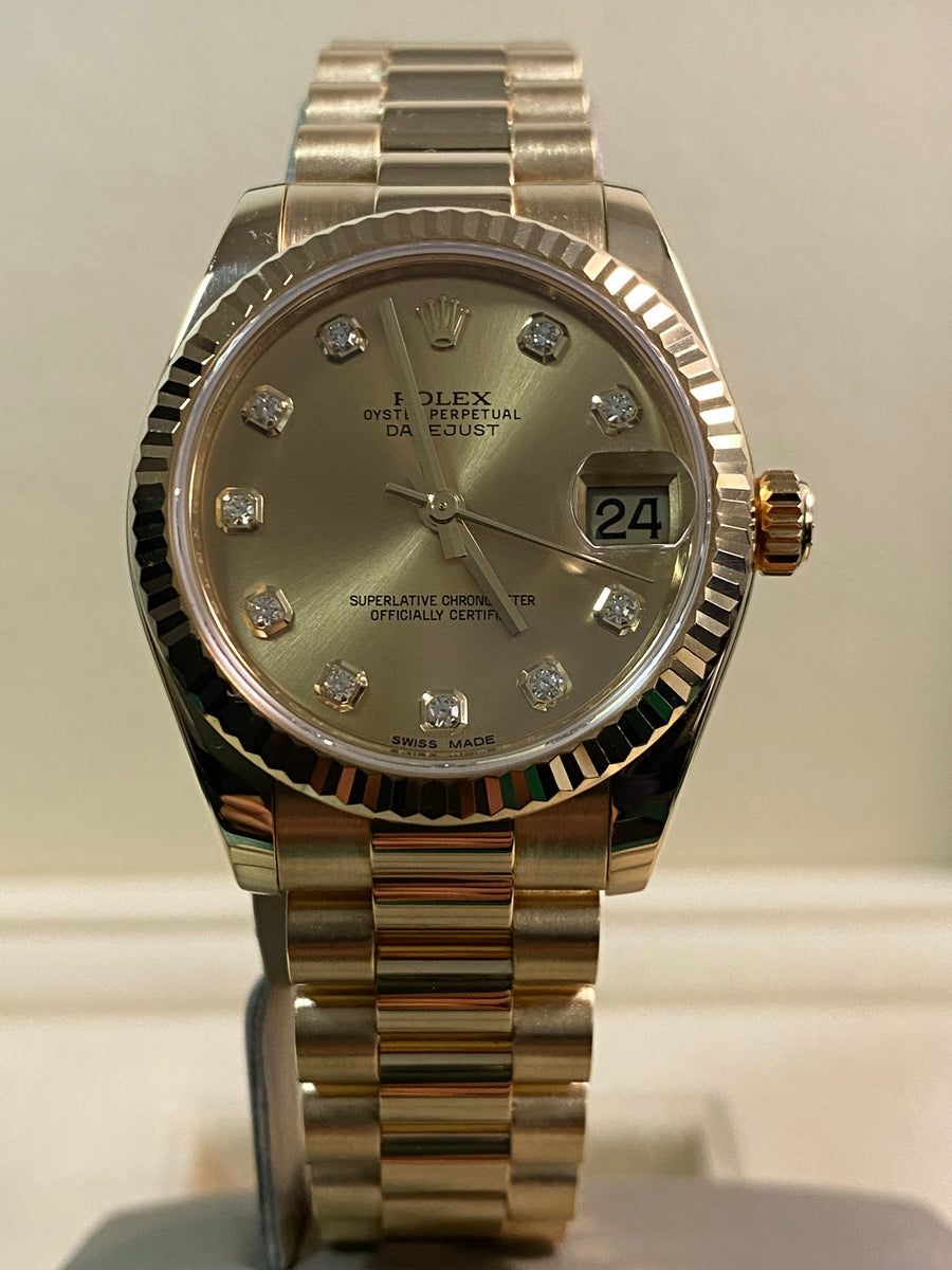 Rolex Yellow Gold Datejust 31 - 2019 - Fluted Bezel - Champagne Diamond Dial - President Bracelet - 178278 *FULL SET*