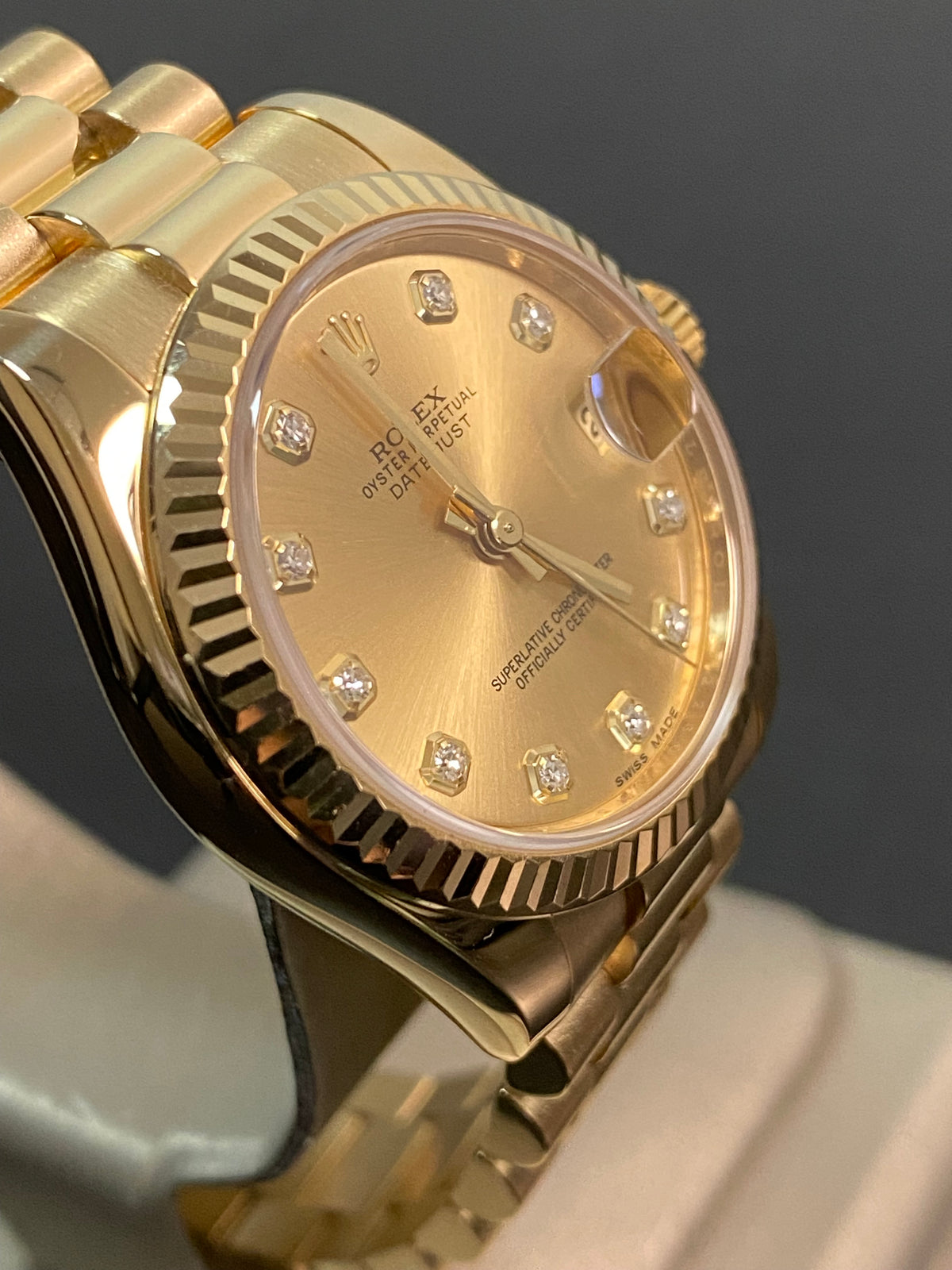 Rolex Yellow Gold Datejust 31 - 2019 - Fluted Bezel - Champagne Diamond Dial - President Bracelet - 178278 *FULL SET*