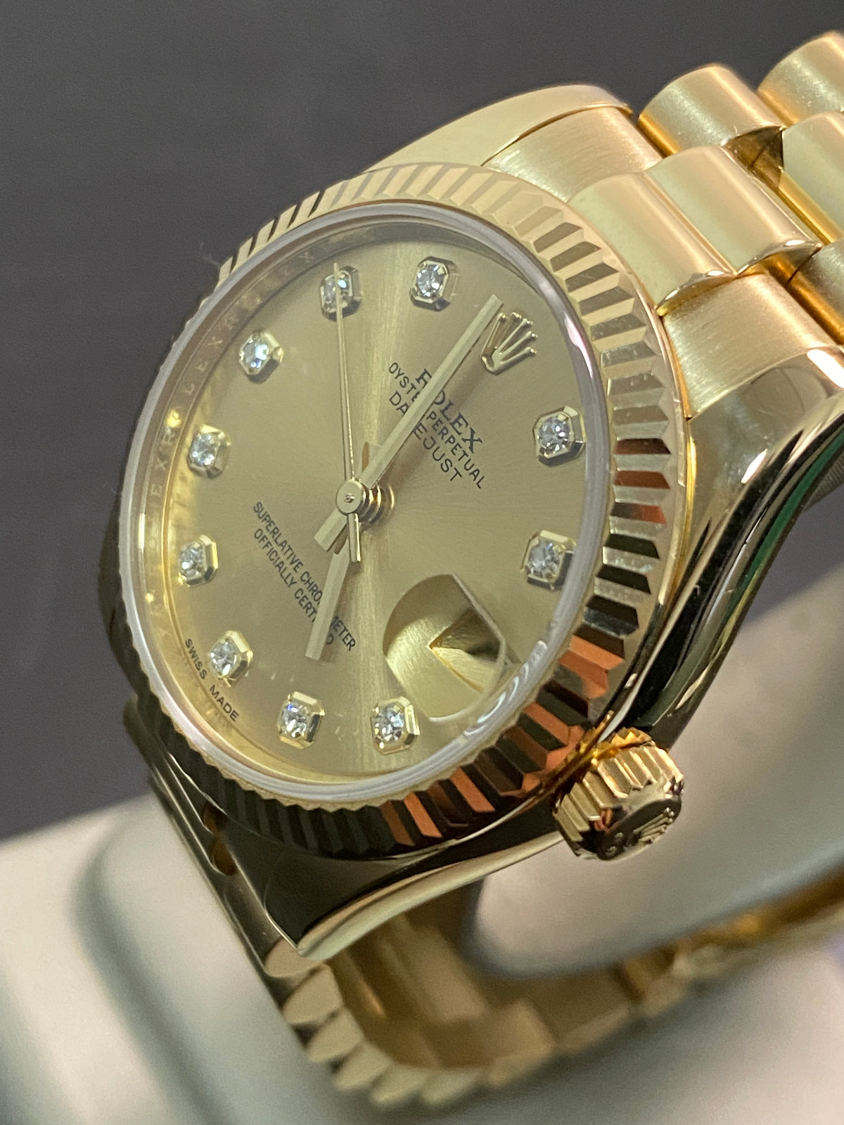 Rolex Yellow Gold Datejust 31 - 2019 - Fluted Bezel - Champagne Diamond Dial - President Bracelet - 178278 *FULL SET*