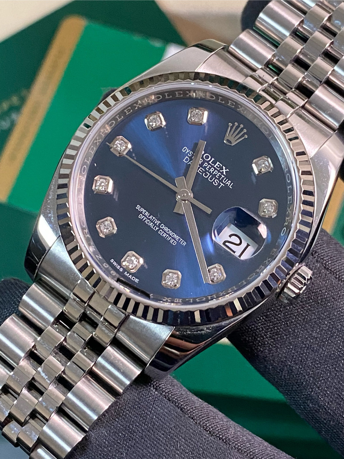 Rolex Steel Datejust 36 - 2018 - Fluted Bezel - Blue Diamond Dial - Jubilee Bracelet - 116234 *FULL SET*