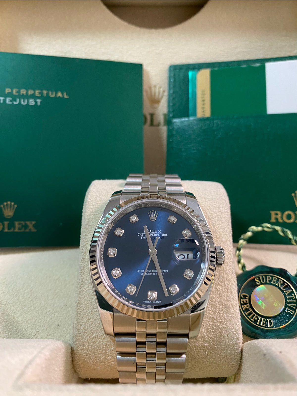 Rolex Steel Datejust 36 - 2018 - Fluted Bezel - Blue Diamond Dial - Jubilee Bracelet - 116234 *FULL SET*