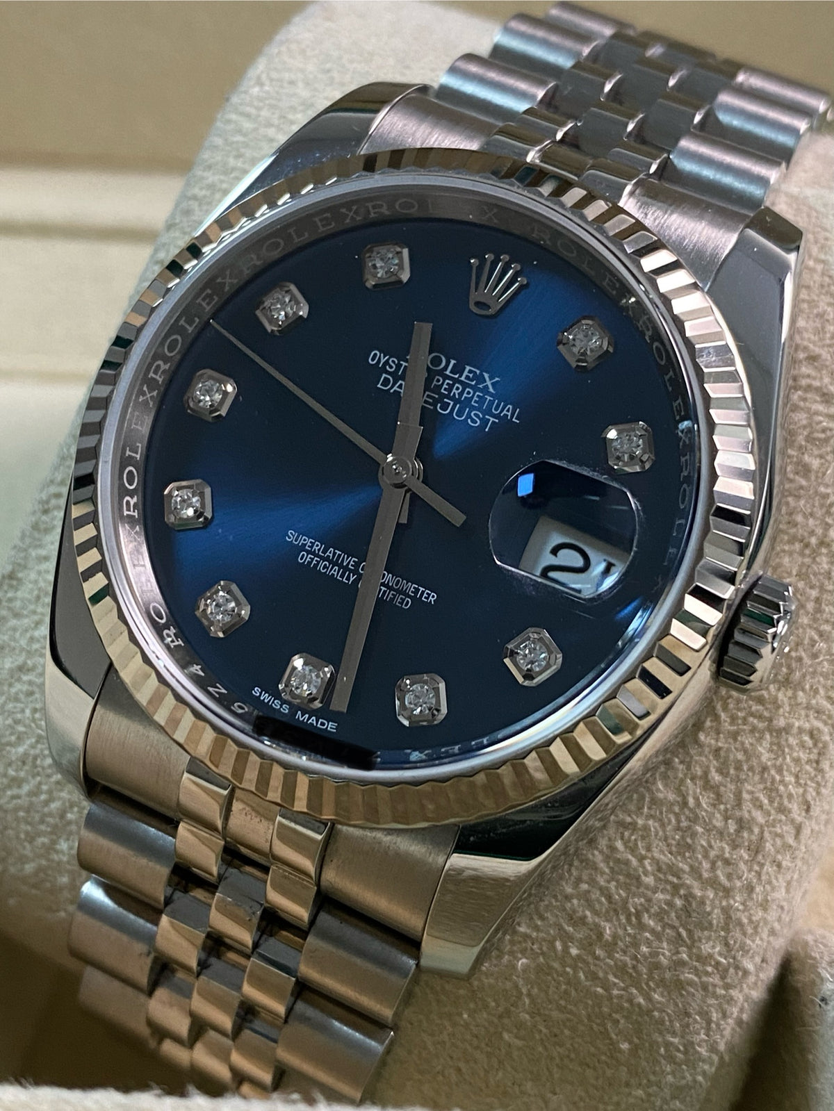 Rolex Steel Datejust 36 - 2018 - Fluted Bezel - Blue Diamond Dial - Jubilee Bracelet - 116234 *FULL SET*