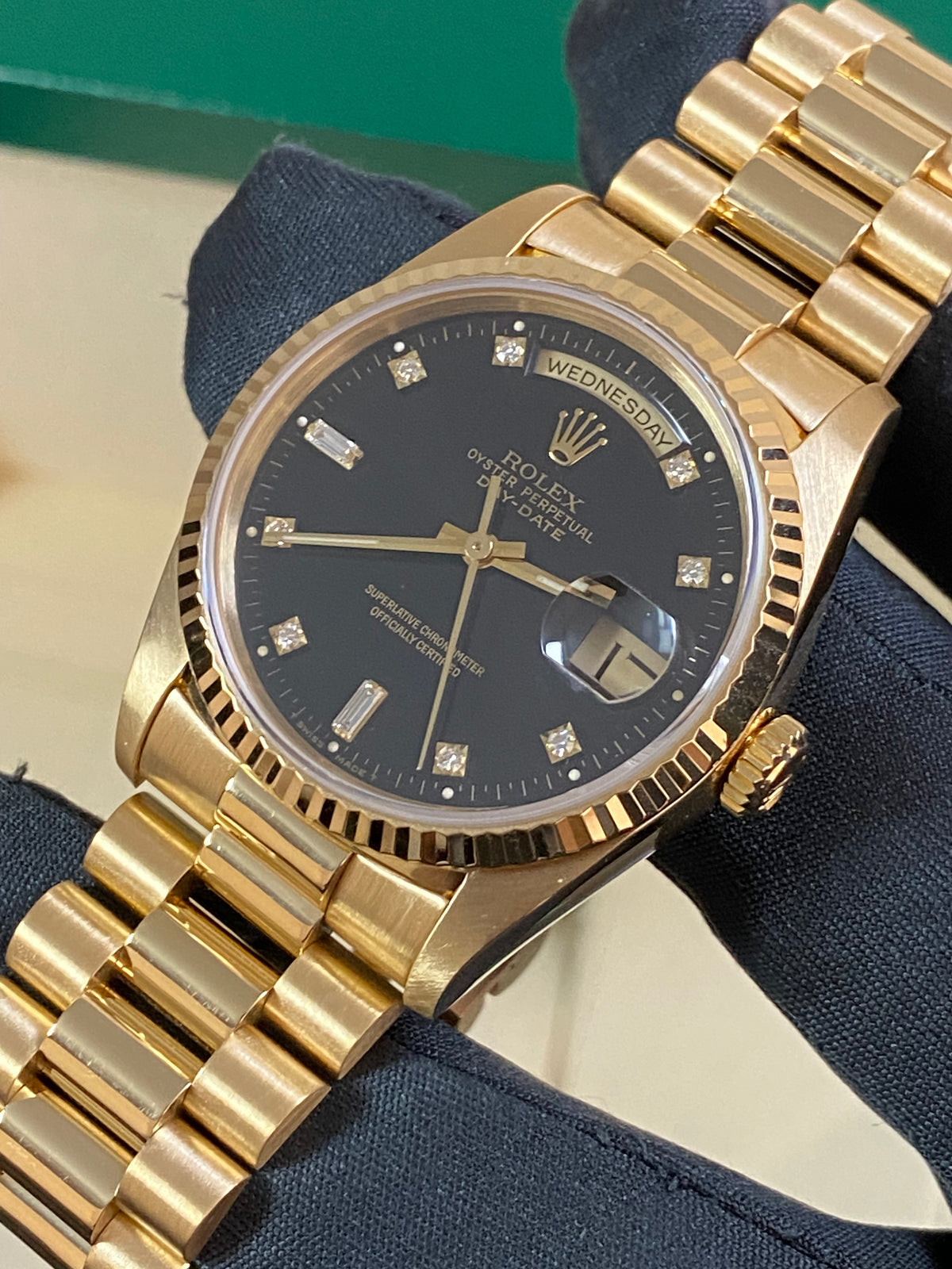 Rolex Yellow Gold Day-Date 36 - E serial - Fluted Bezel - Factory Diamond Dial - Double Quickset - President Bracelet - 18238