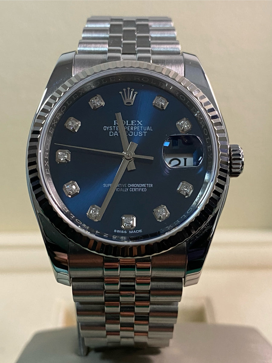 Rolex Steel Datejust 36 - 2018 - Fluted Bezel - Blue Diamond Dial - Jubilee Bracelet - 116234 *FULL SET*