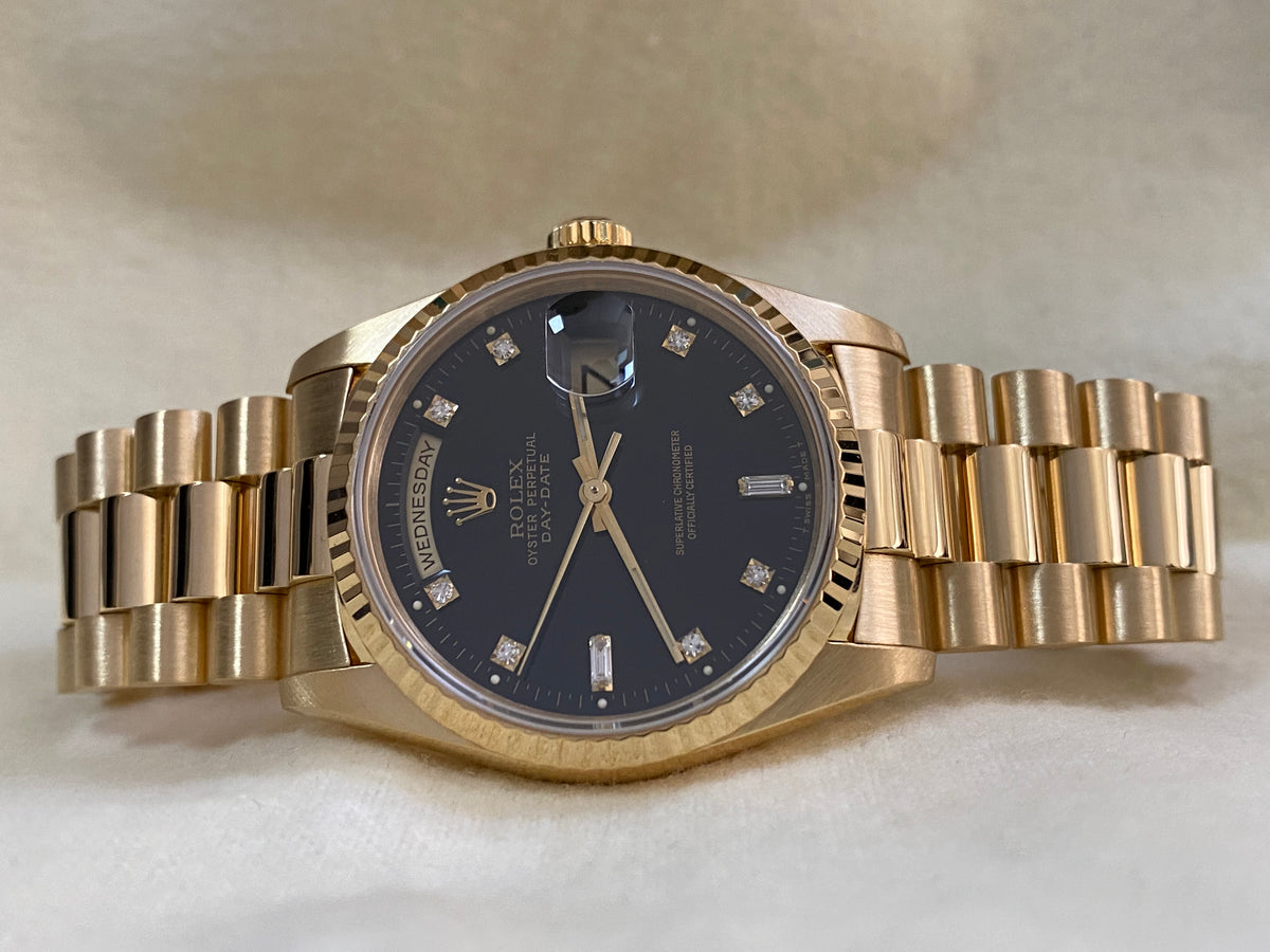 Rolex Yellow Gold Day-Date 36 - E serial - Fluted Bezel - Factory Diamond Dial - Double Quickset - President Bracelet - 18238