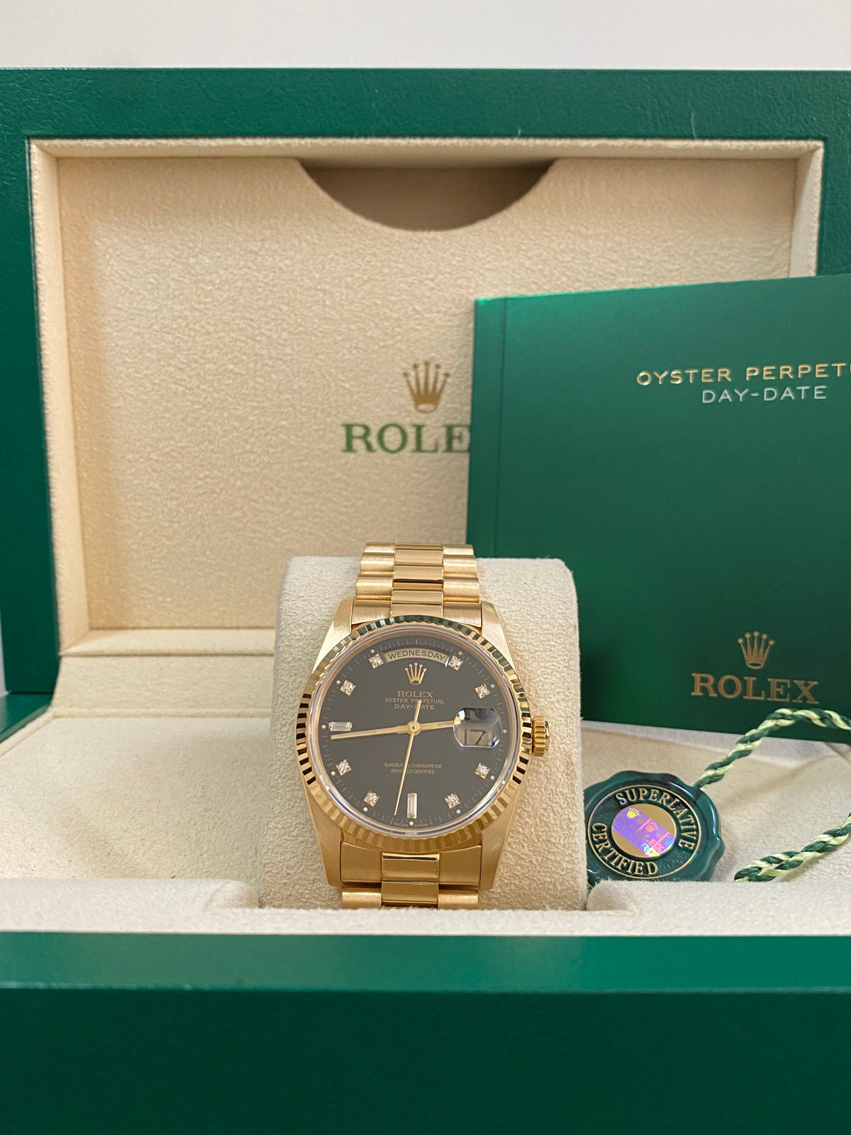 Rolex Yellow Gold Day-Date 36 - E serial - Fluted Bezel - Factory Diamond Dial - Double Quickset - President Bracelet - 18238