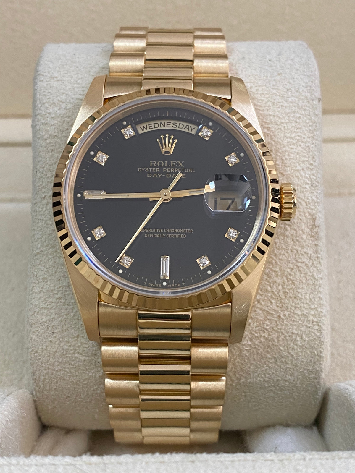 Rolex Yellow Gold Day-Date 36 - E serial - Fluted Bezel - Factory Diamond Dial - Double Quickset - President Bracelet - 18238