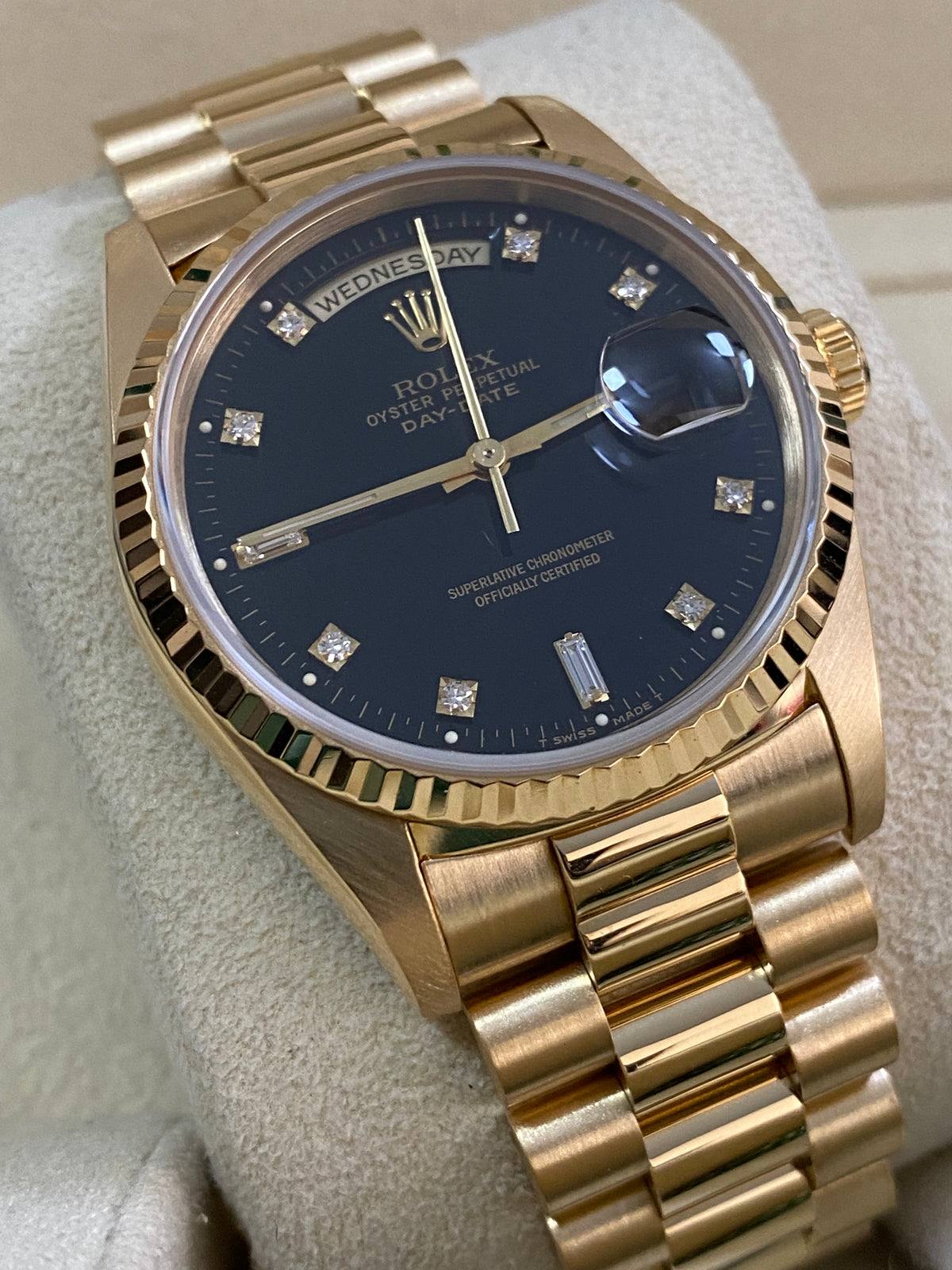 Rolex Yellow Gold Day-Date 36 - E serial - Fluted Bezel - Factory Diamond Dial - Double Quickset - President Bracelet - 18238