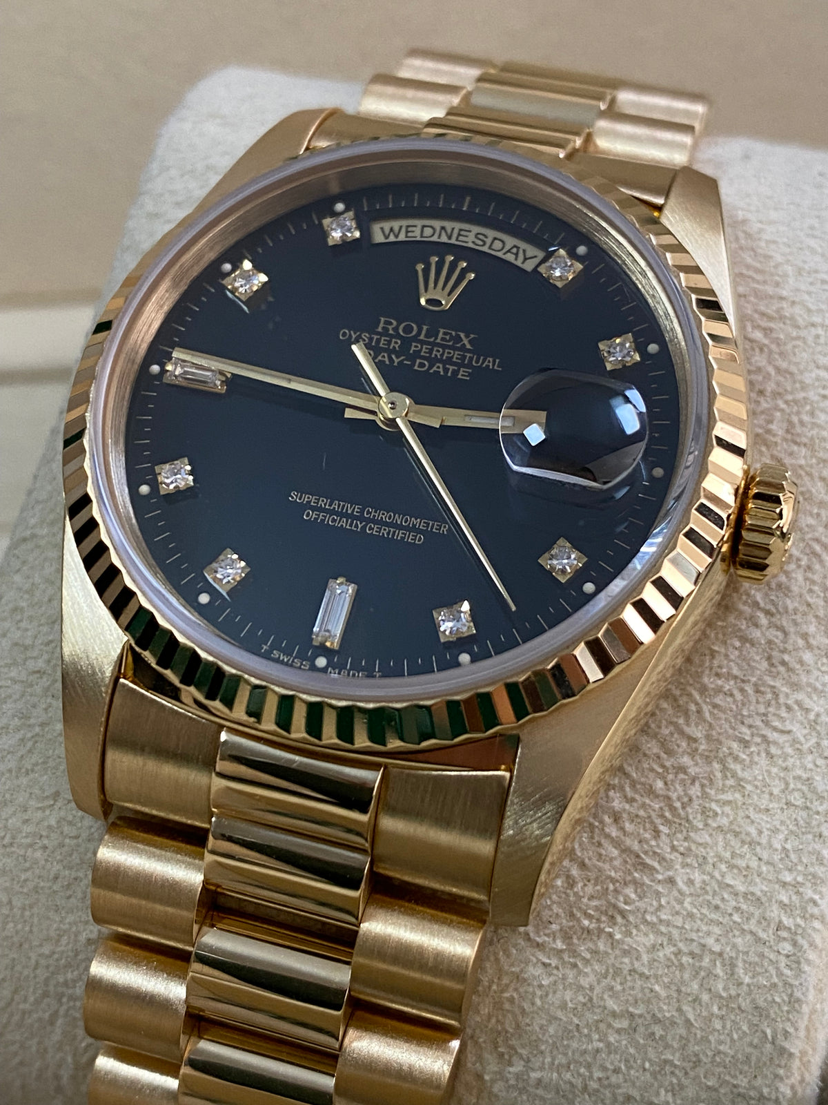 Rolex Yellow Gold Day-Date 36 - E serial - Fluted Bezel - Factory Diamond Dial - Double Quickset - President Bracelet - 18238