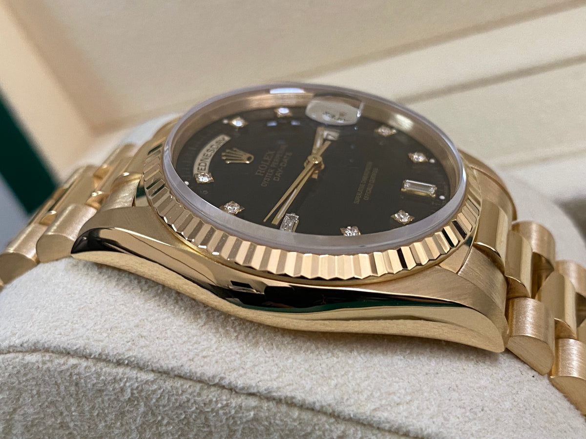 Rolex Yellow Gold Day-Date 36 - E serial - Fluted Bezel - Factory Diamond Dial - Double Quickset - President Bracelet - 18238