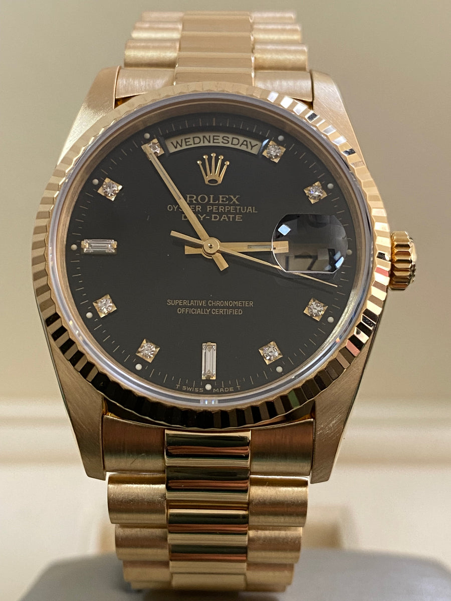 Rolex Yellow Gold Day-Date 36 - E serial - Fluted Bezel - Factory Diamond Dial - Double Quickset - President Bracelet - 18238