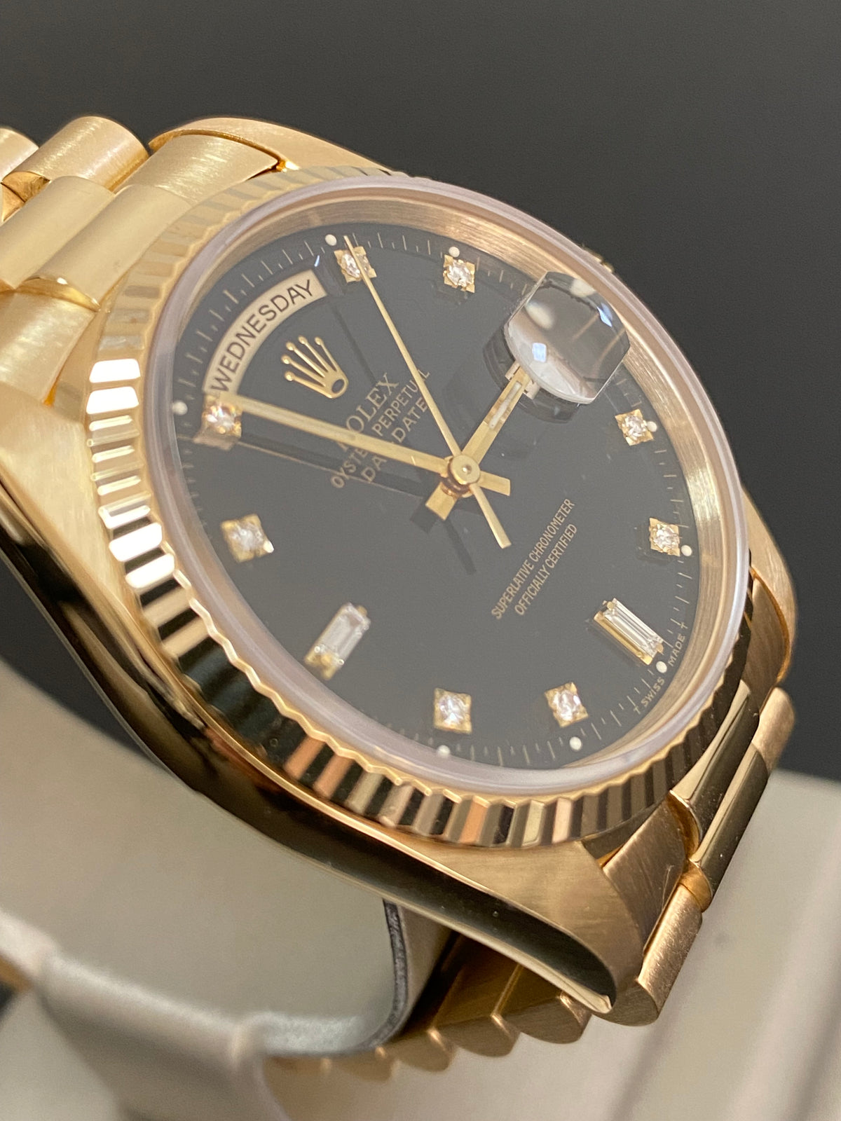 Rolex Yellow Gold Day-Date 36 - E serial - Fluted Bezel - Factory Diamond Dial - Double Quickset - President Bracelet - 18238