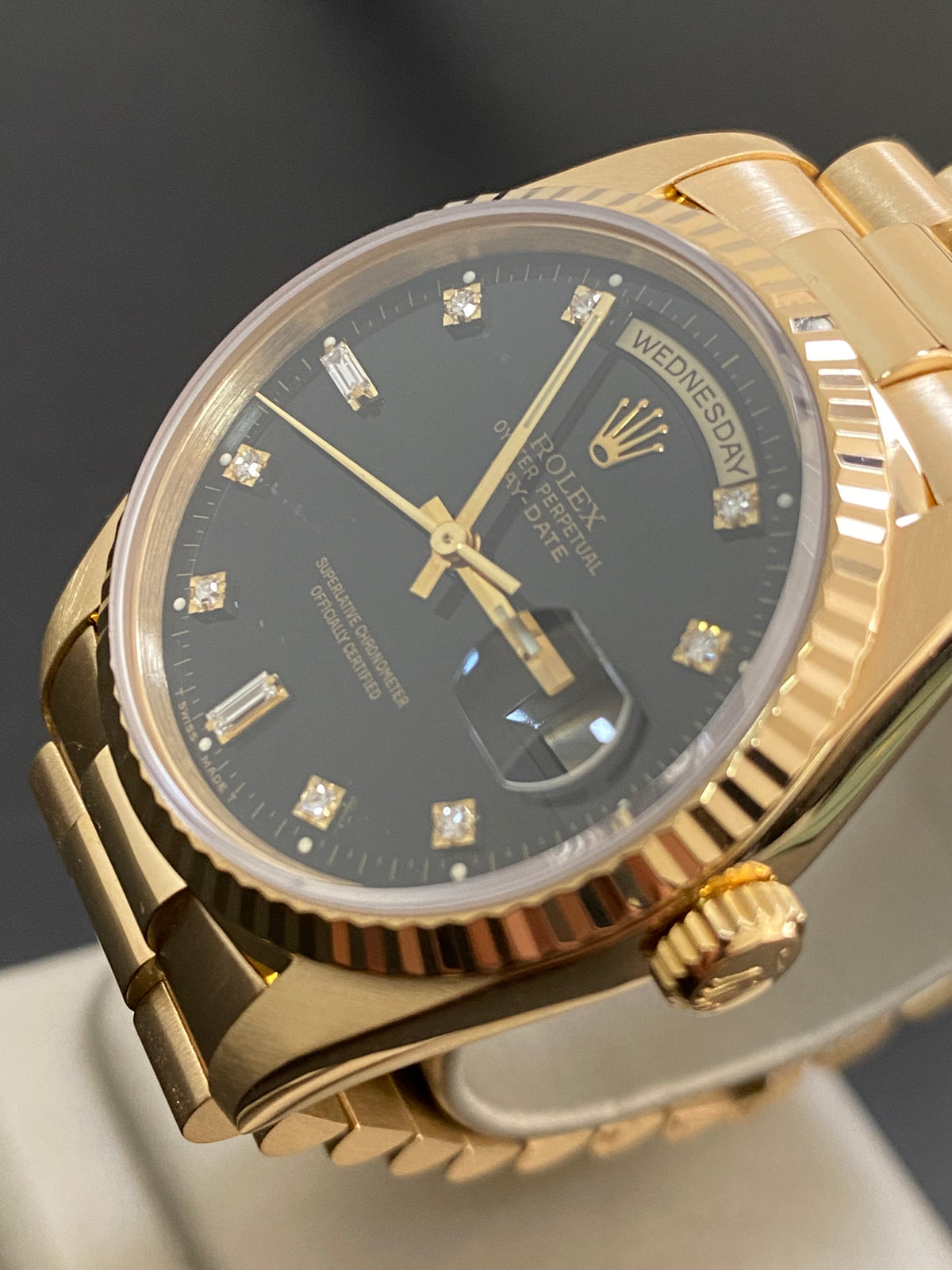 Rolex Yellow Gold Day-Date 36 - E serial - Fluted Bezel - Factory Diamond Dial - Double Quickset - President Bracelet - 18238