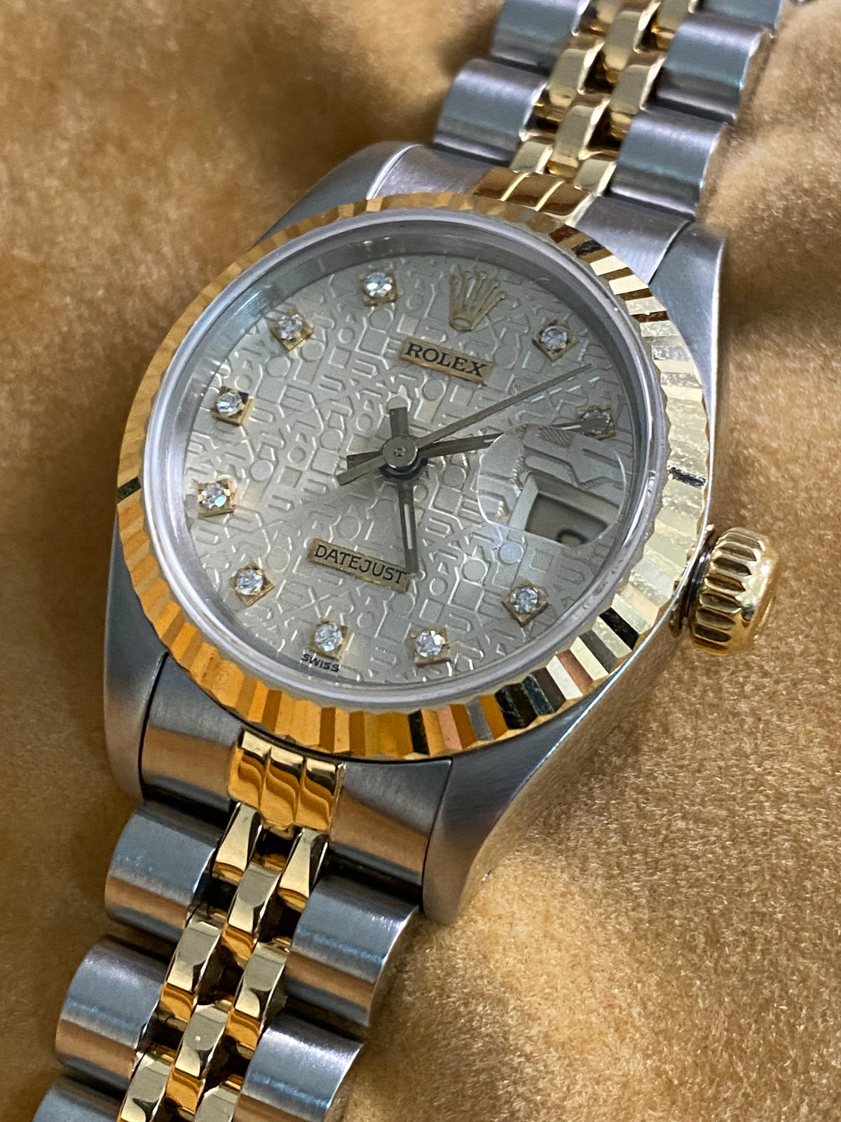 Rolex Steel and Yellow Gold Lady-Datejust - E serial - Fluted Bezel - Silver Anniversary Diamond Dial - Jubilee Bracelet - 69173